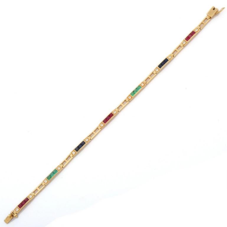 Genuine Square Cut Emerald, Ruby and Sapphire Tennis Bracelet in 18K Yellow Gold For Sale 2