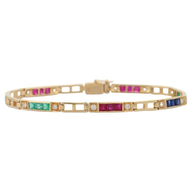 Genuine Square Cut Emerald, Ruby and Sapphire Tennis Bracelet in 18K Yellow Gold