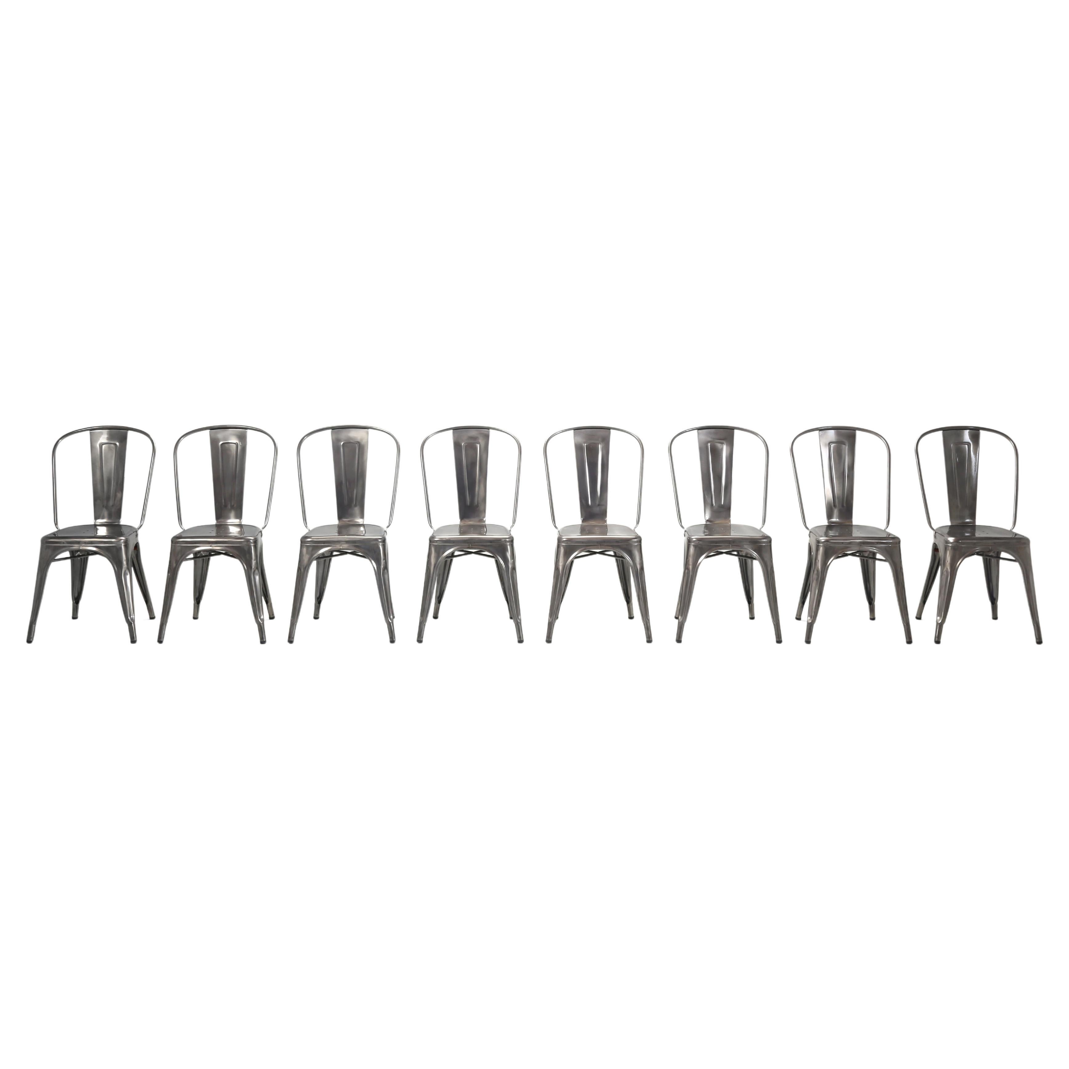 Genuine Stainless Steel Tolix Gunmetal Silver Inoxydable Stacking Chairs Set (8)