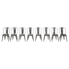 Used Genuine Stainless Steel Tolix Gunmetal Silver Inoxydable Stacking Chairs Set (8)