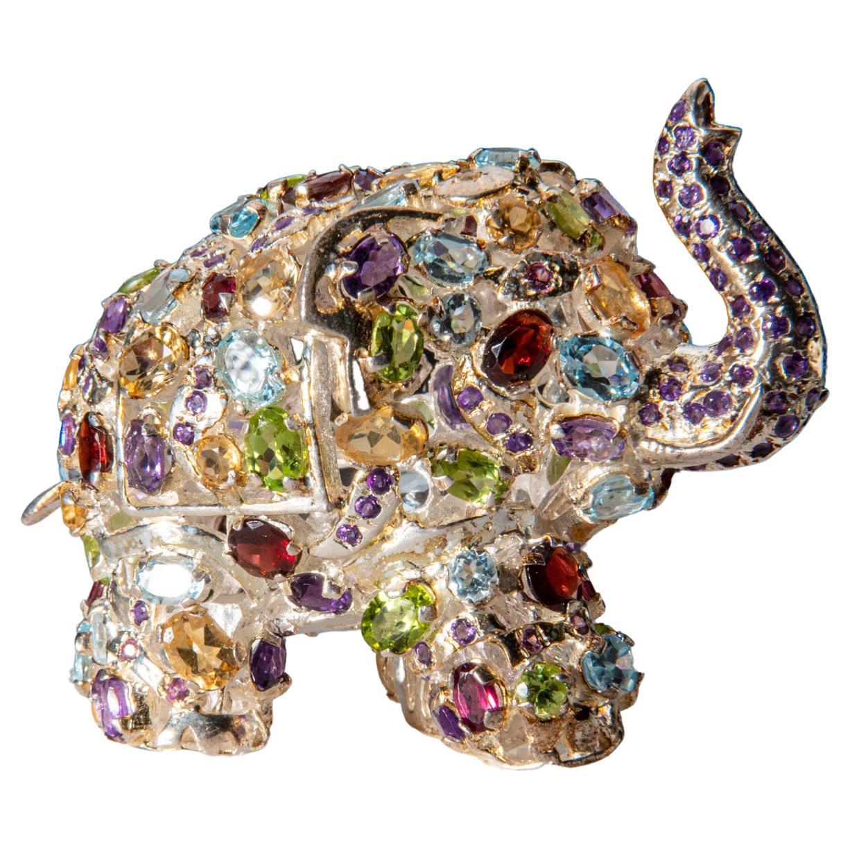 Genuine Sterling Silver Elephant with gemstones (101 grams) For Sale