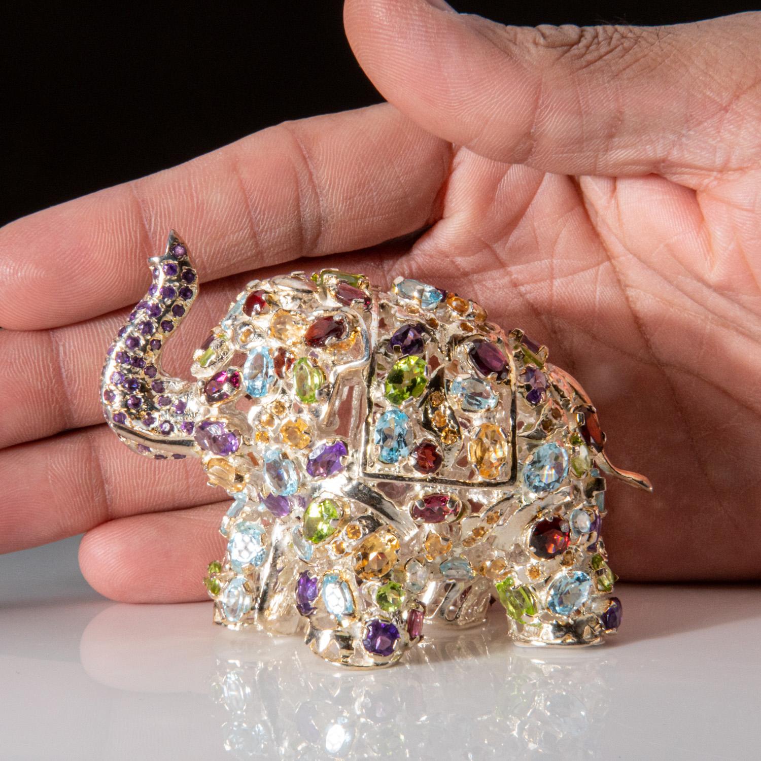 Genuine Sterling Silver Elephant with gemstones (107.2 grams) For Sale 3
