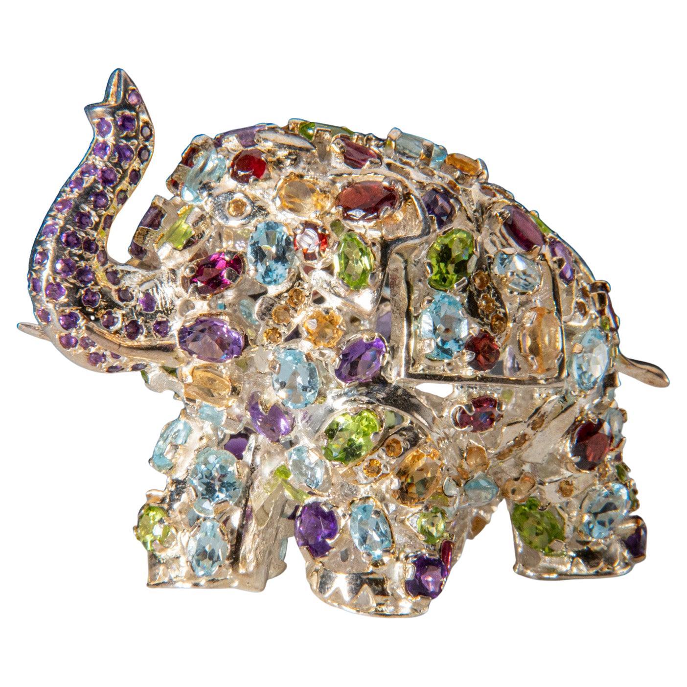 Genuine Sterling Silver Elephant with gemstones (107.2 grams) For Sale