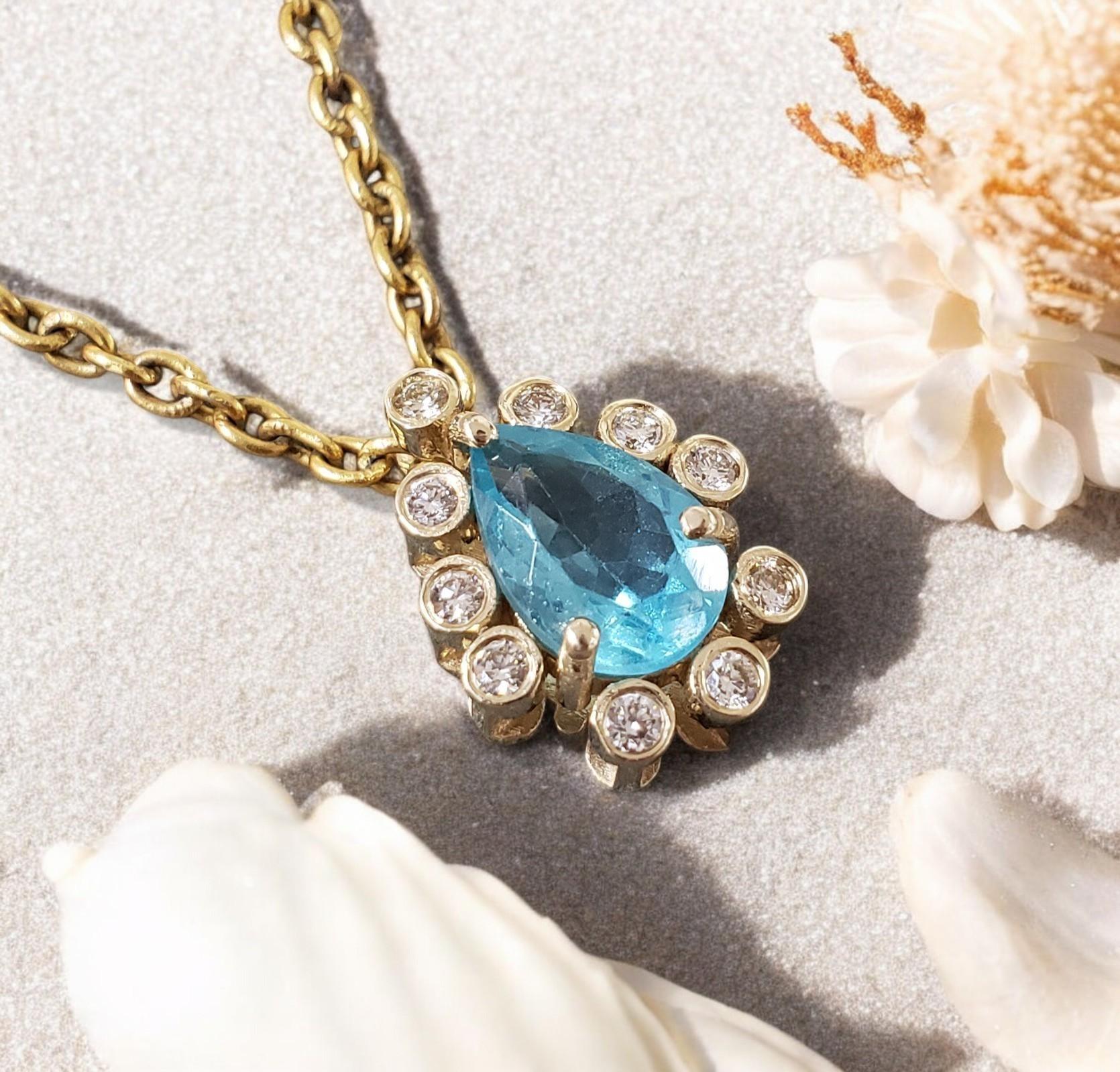 Modern Genuine 1.35 Carat Natural Blue Paraiba Apatite Halo Diamond Pendant Necklace For Sale