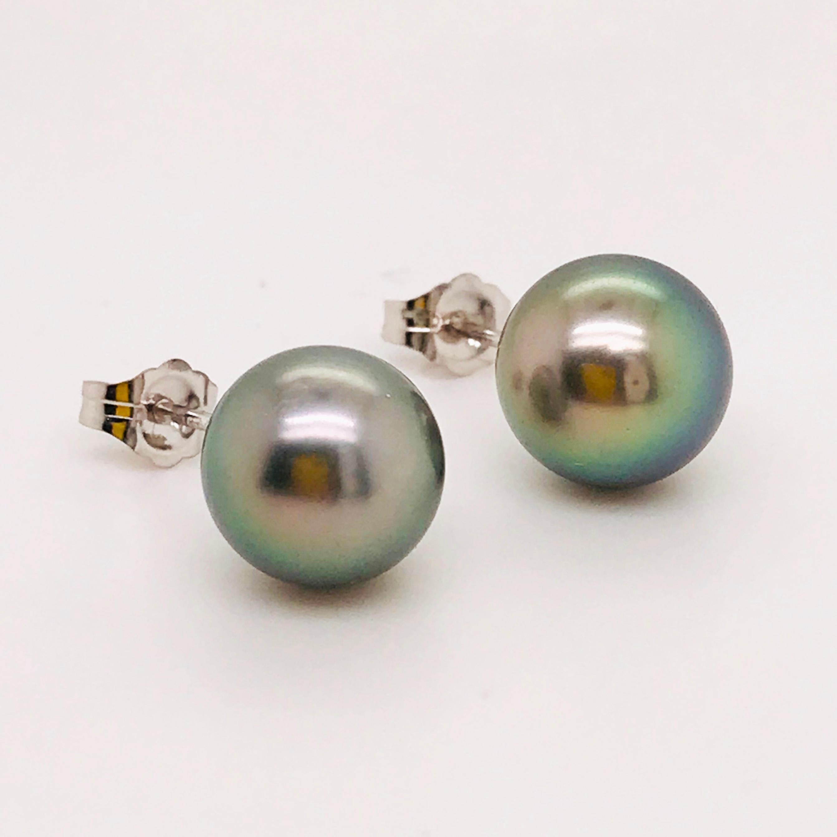 Contemporary Genuine Tahitian Pearl Stud Earrings, Peacock Color in 14 Karat White Gold For Sale