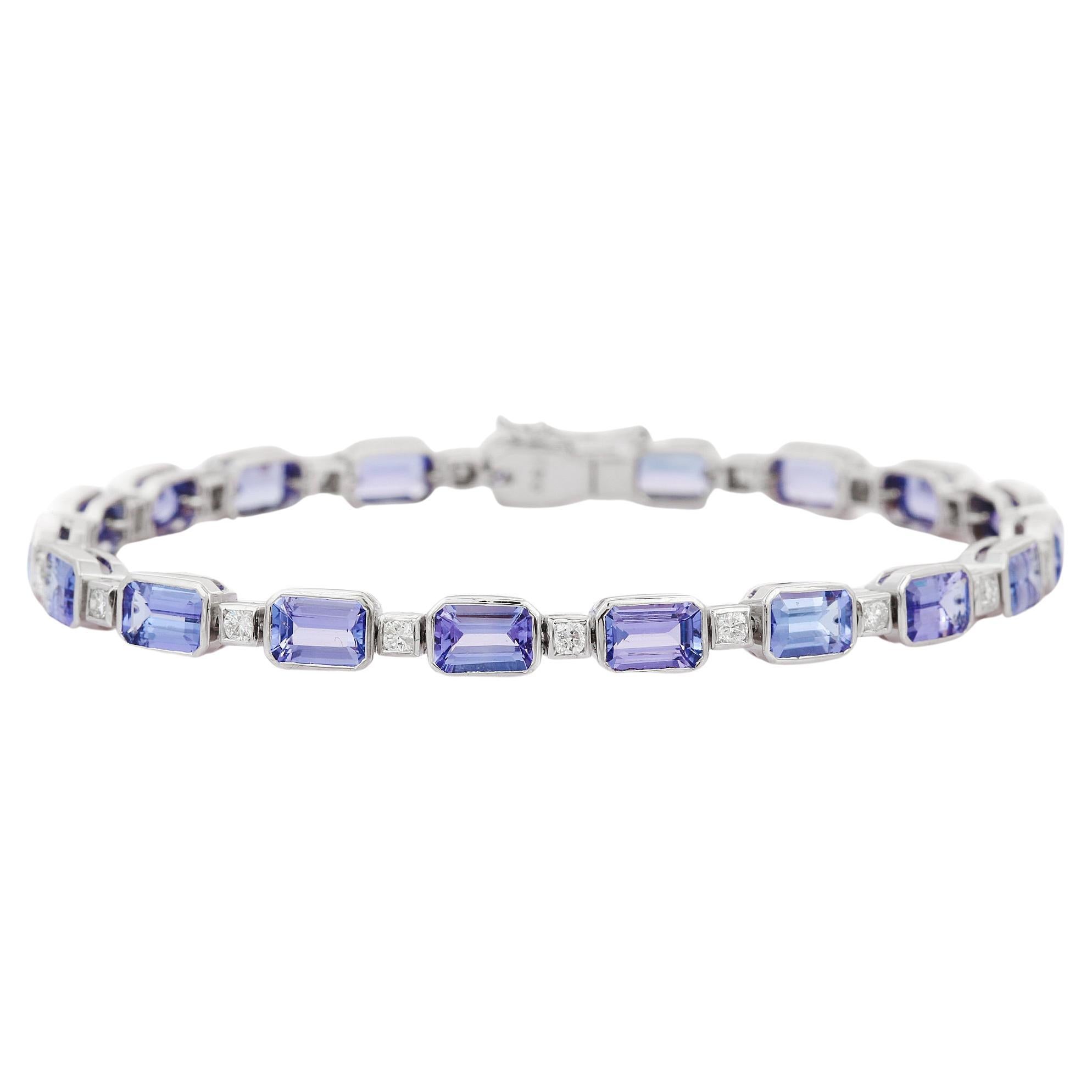 Genuine Tanzanite and Diamond Tennis Bracelet in 18K White Gold 