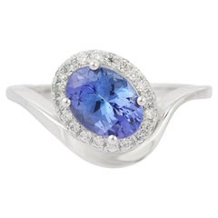 Genuine Tanzanite Engagement Ring with Diamonds in 18k Solid White Gold