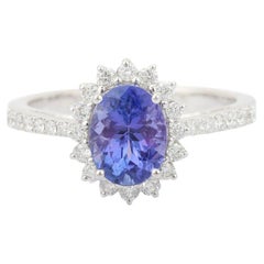 Genuine Tanzanite Engagement Ring with Halo Diamonds in 18k Solid White Gold
