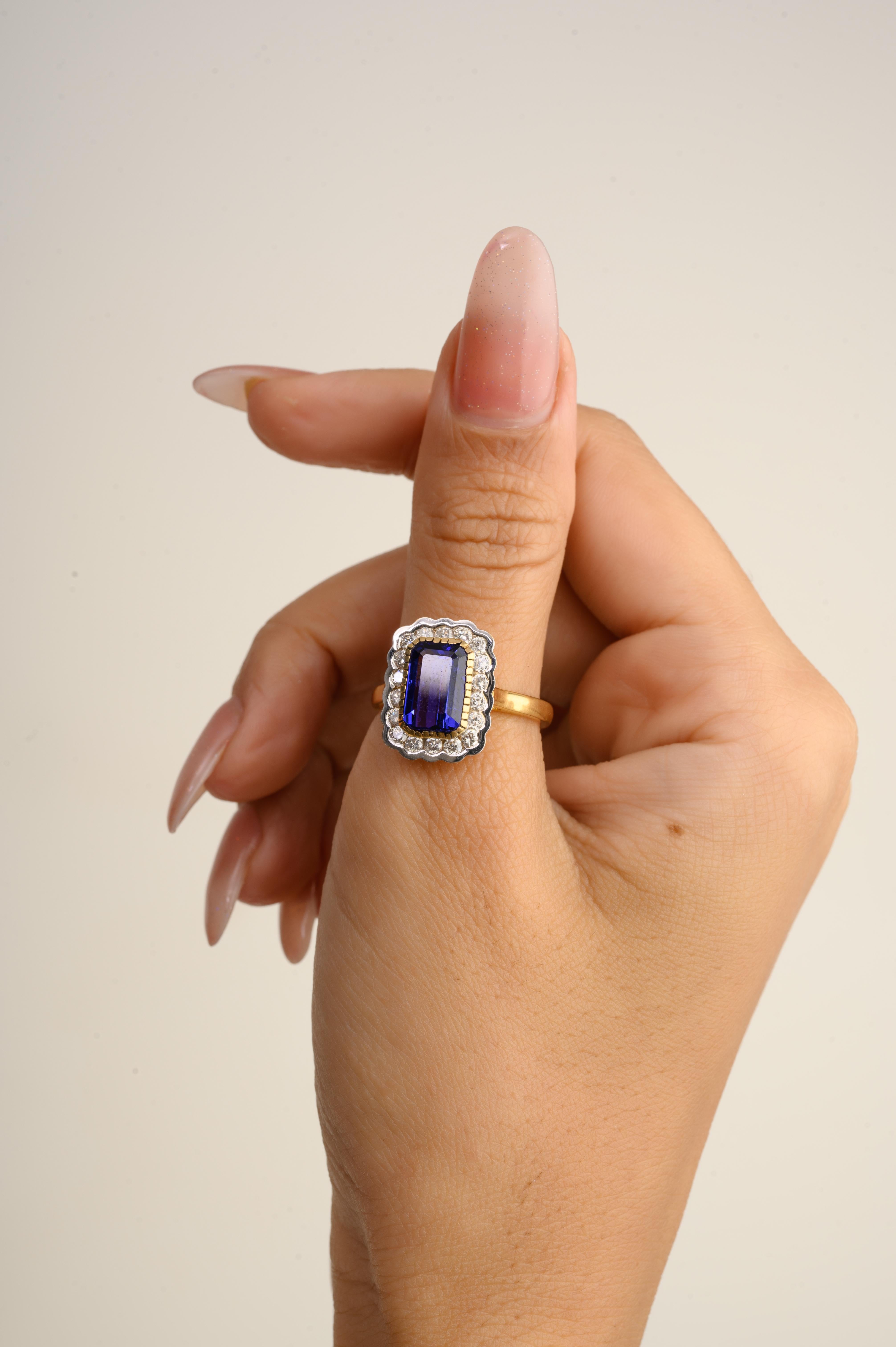 For Sale:  Genuine Tanzanite Halo Diamond Engagement Ring for Women in 18k Yellow Gold 2