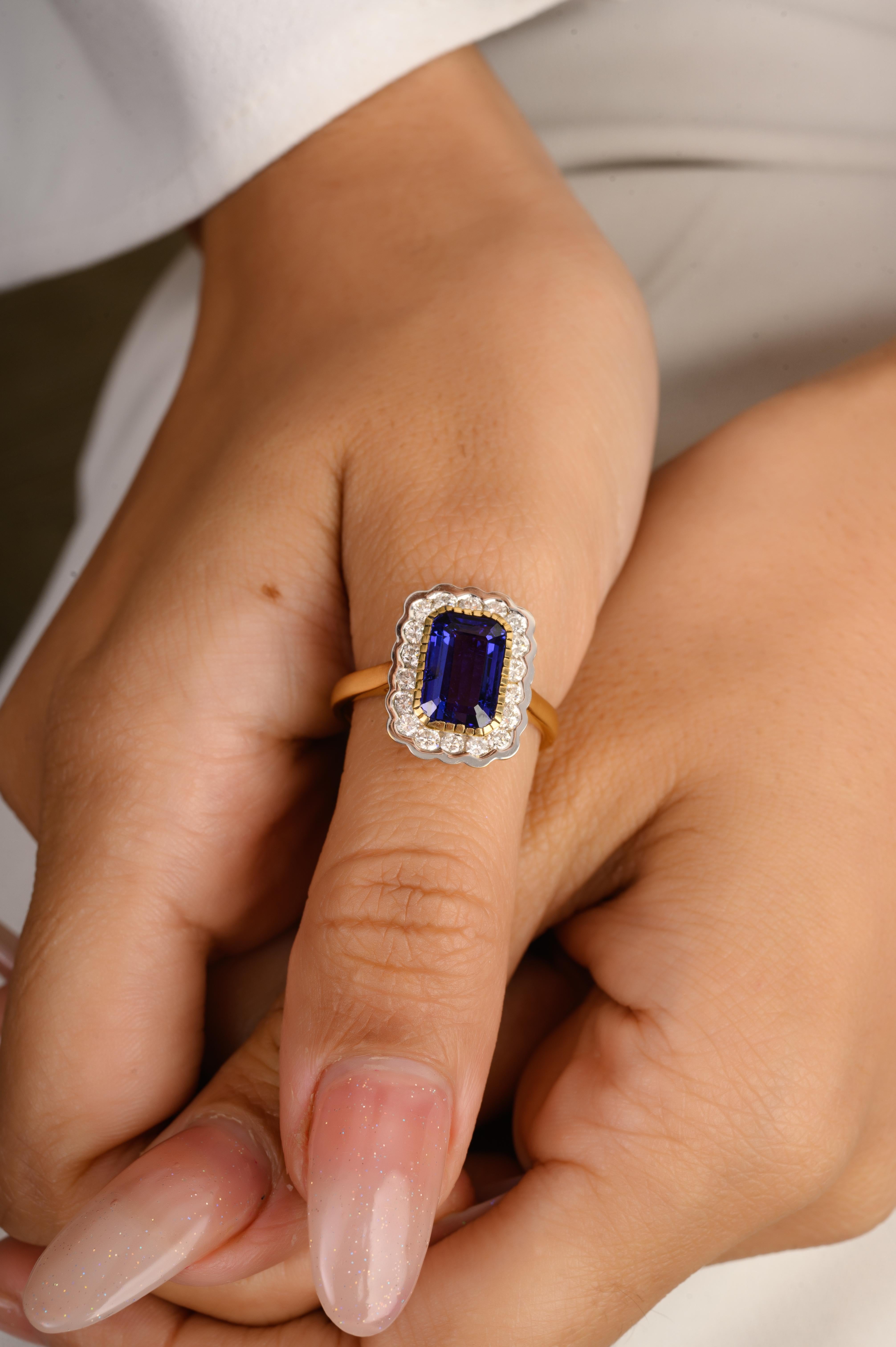 For Sale:  Genuine Tanzanite Halo Diamond Engagement Ring for Women in 18k Yellow Gold 6