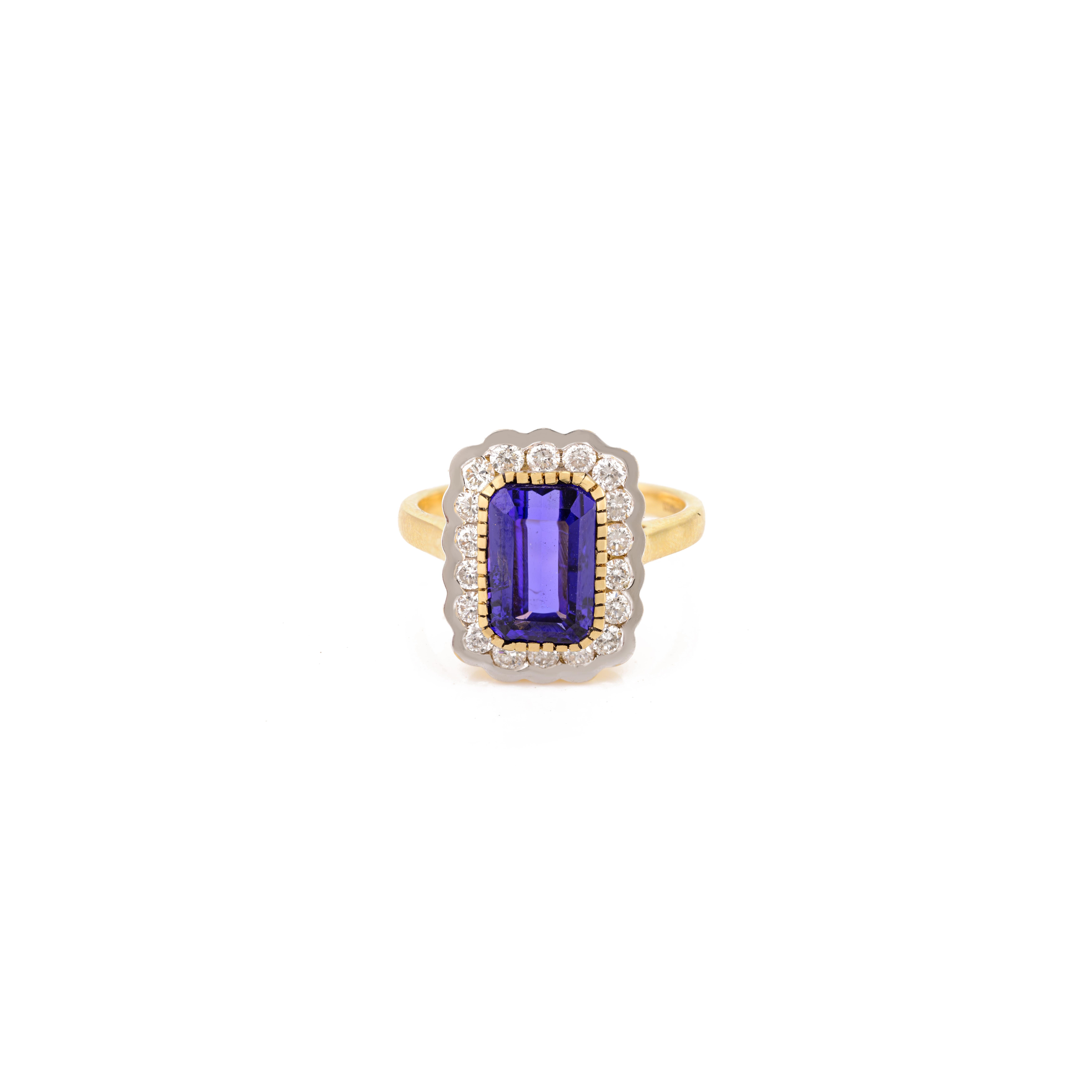 For Sale:  Genuine Tanzanite Halo Diamond Engagement Ring for Women in 18k Yellow Gold 8