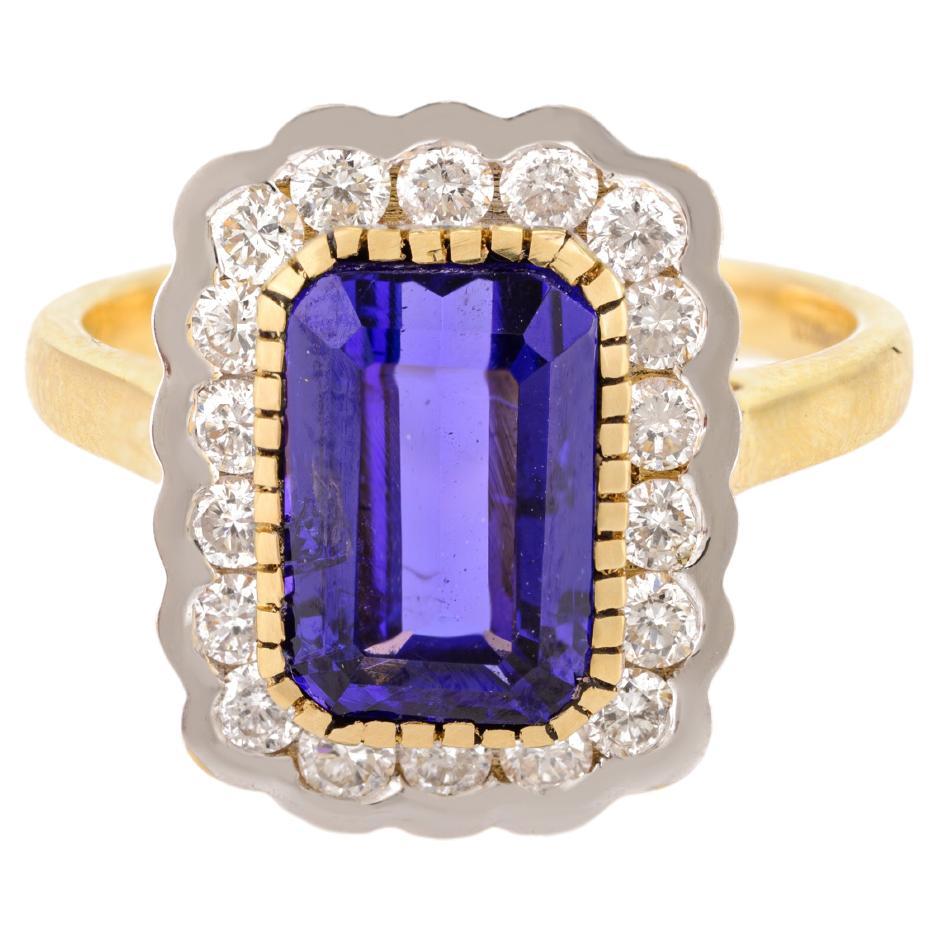 Genuine Tanzanite Halo Diamond Engagement Ring for Women in 18k Yellow Gold