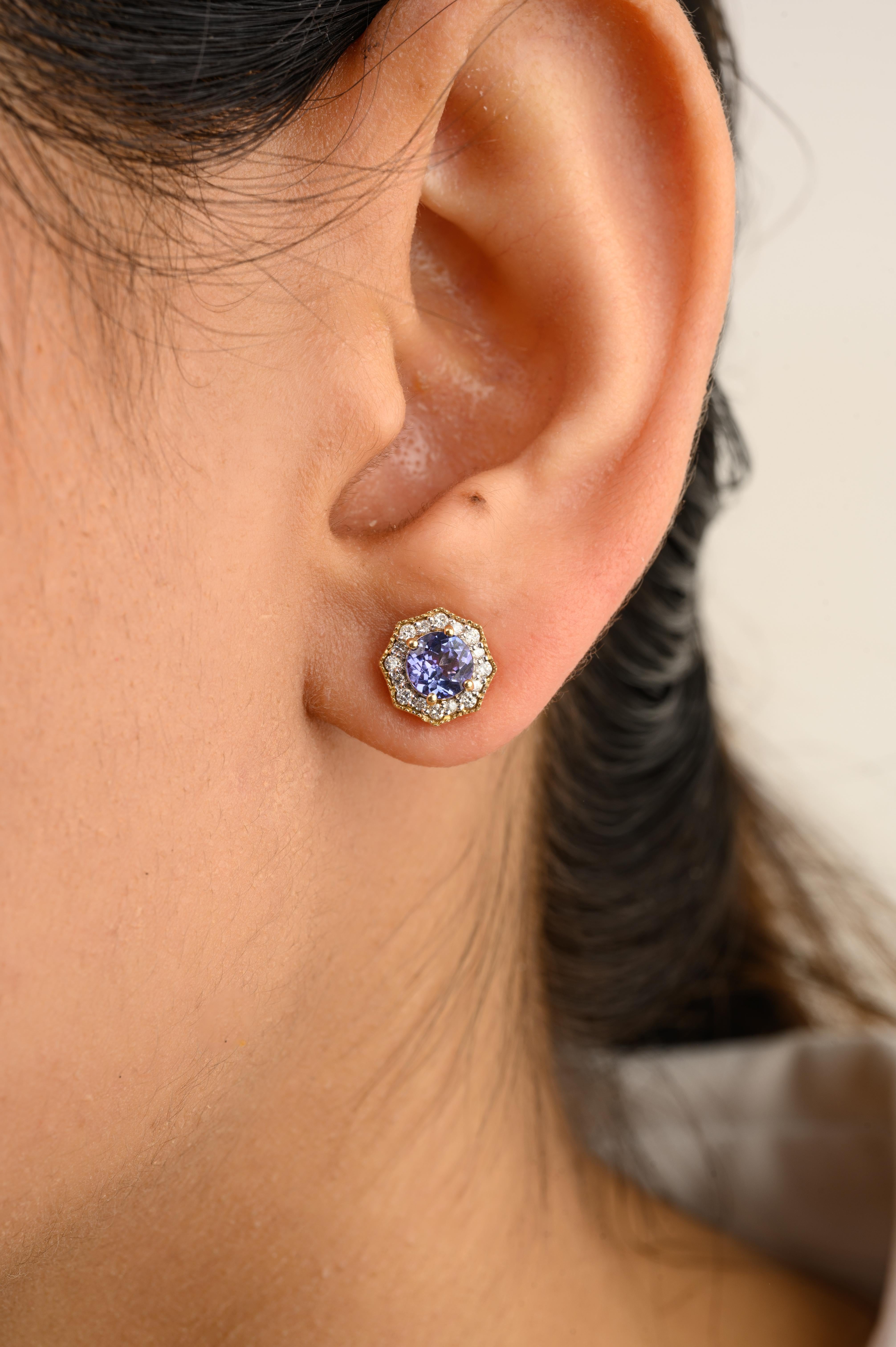 Genuine Tanzanite Halo Diamond Octagon Stud Earrings in 14K Gold to make a statement with your look. You shall need stud earrings to make a statement with your look. These earrings create a sparkling, luxurious look featuring round cut tanzanite and