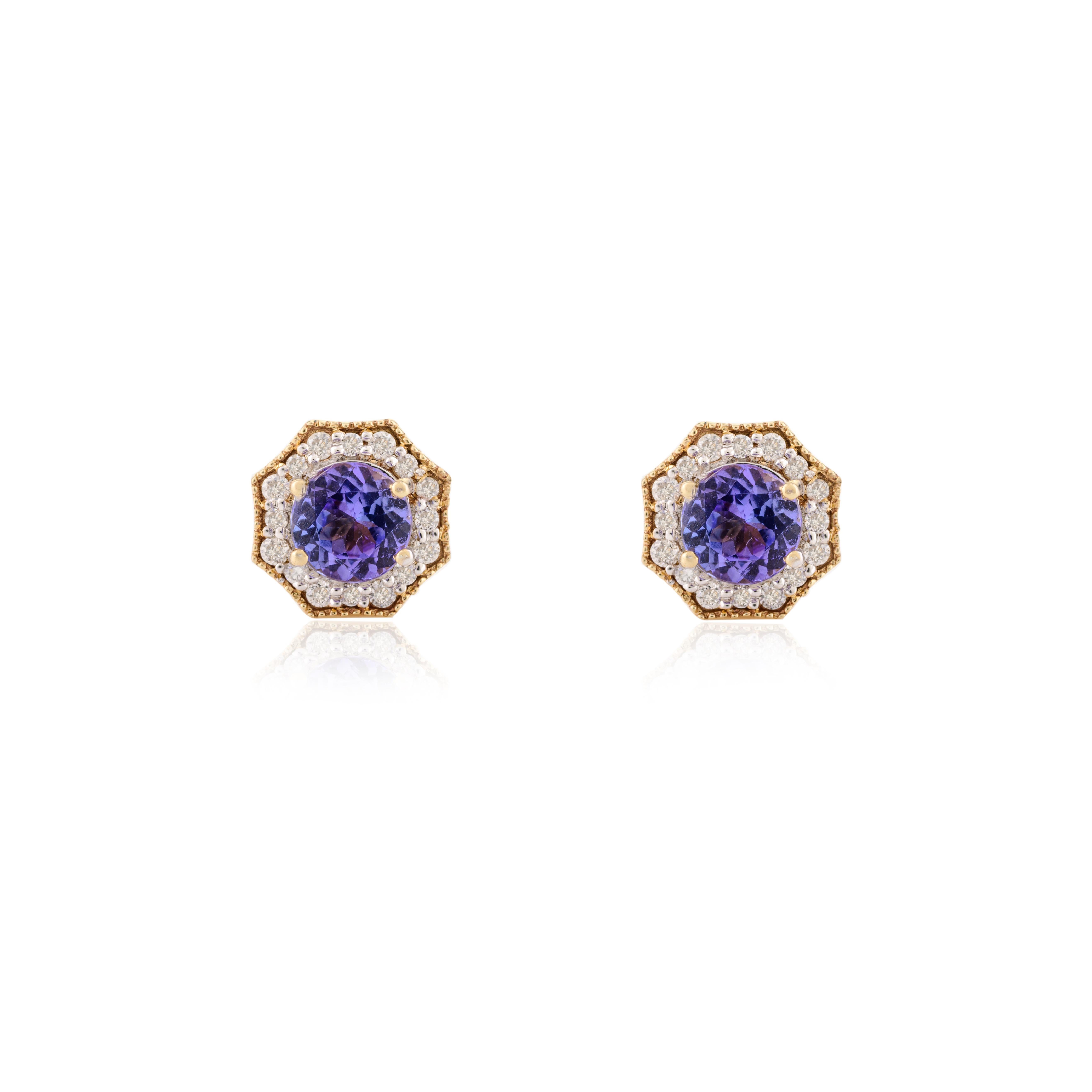Modern Genuine Tanzanite Halo Diamond Octagon Stud Earrings in 14k Solid Yellow Gold For Sale