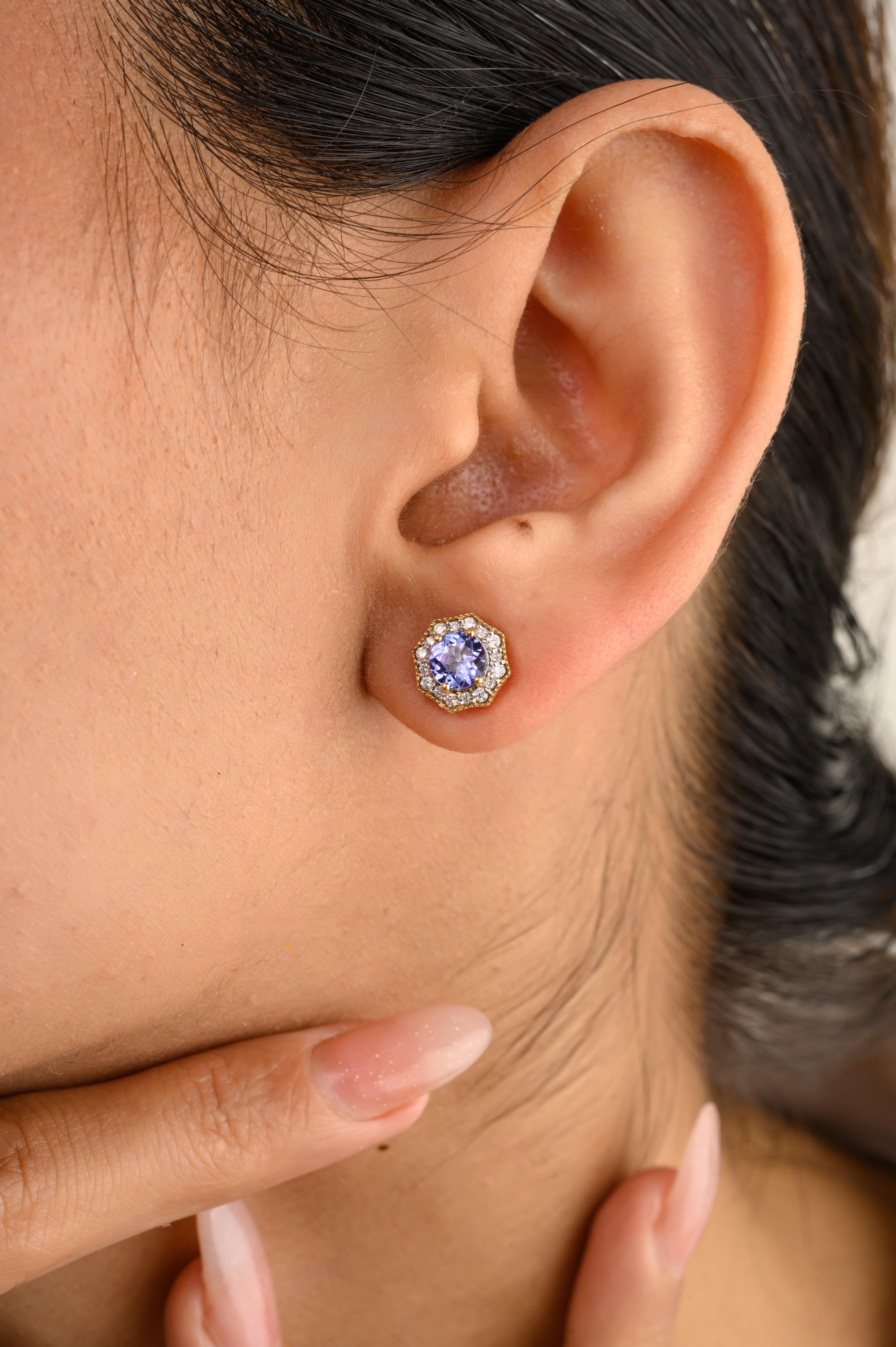 Round Cut Genuine Tanzanite Halo Diamond Octagon Stud Earrings in 14k Solid Yellow Gold For Sale