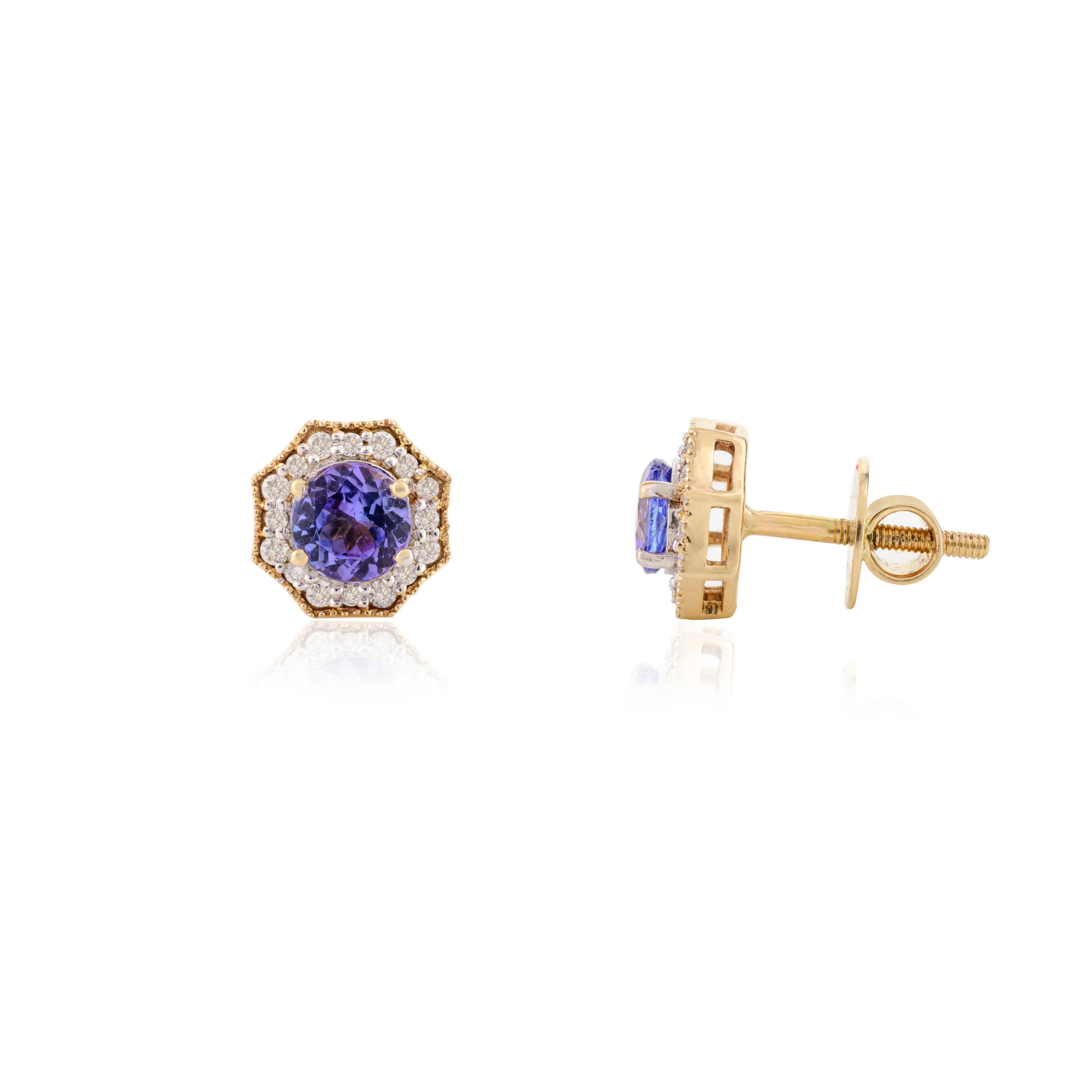 Genuine Tanzanite Halo Diamond Octagon Stud Earrings in 14k Solid Yellow Gold In New Condition For Sale In New York, NY