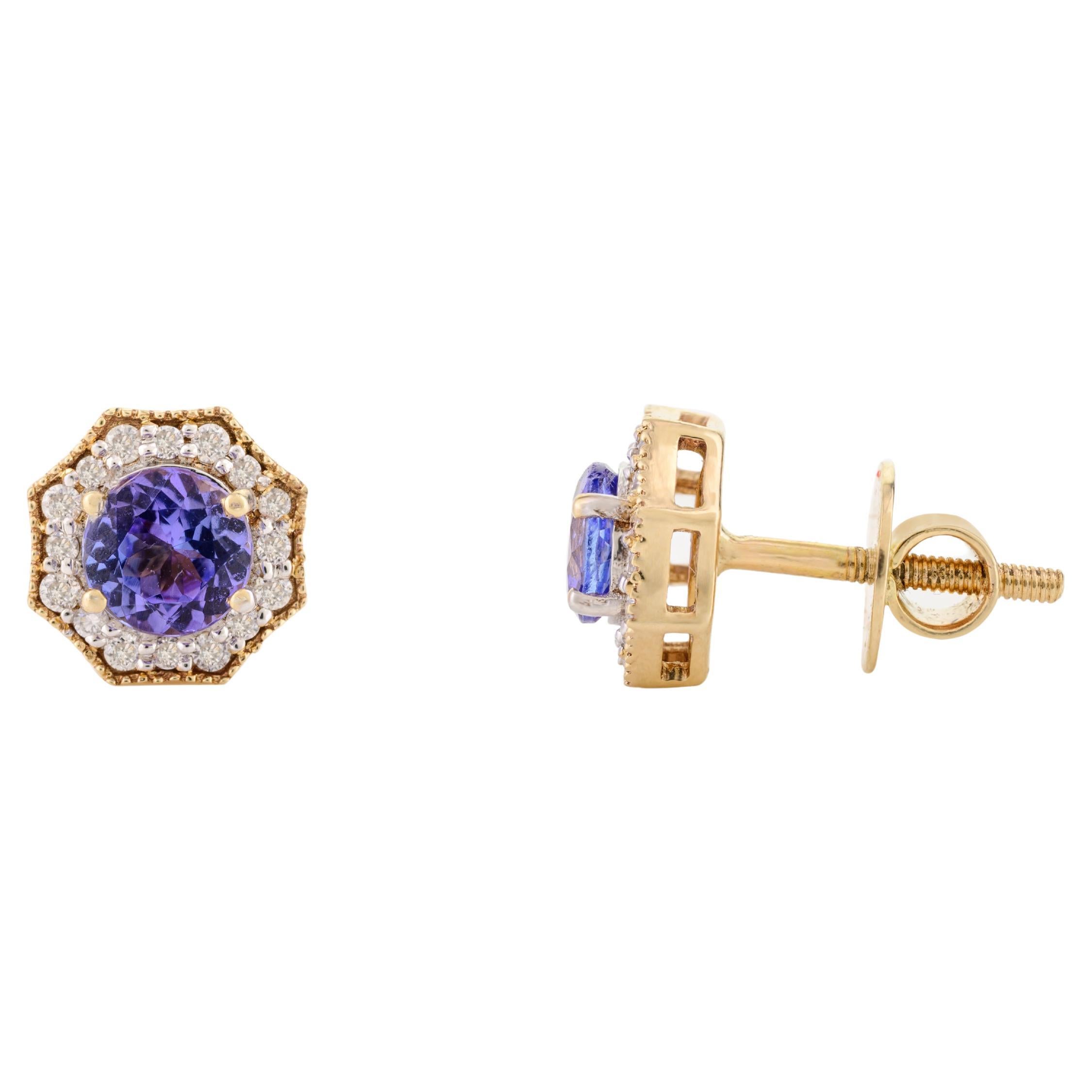 Genuine Tanzanite Halo Diamond Octagon Stud Earrings in 14k Solid Yellow Gold
