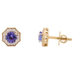 Genuine Tanzanite Halo Diamond Octagon Stud Earrings in 14k Solid Yellow Gold