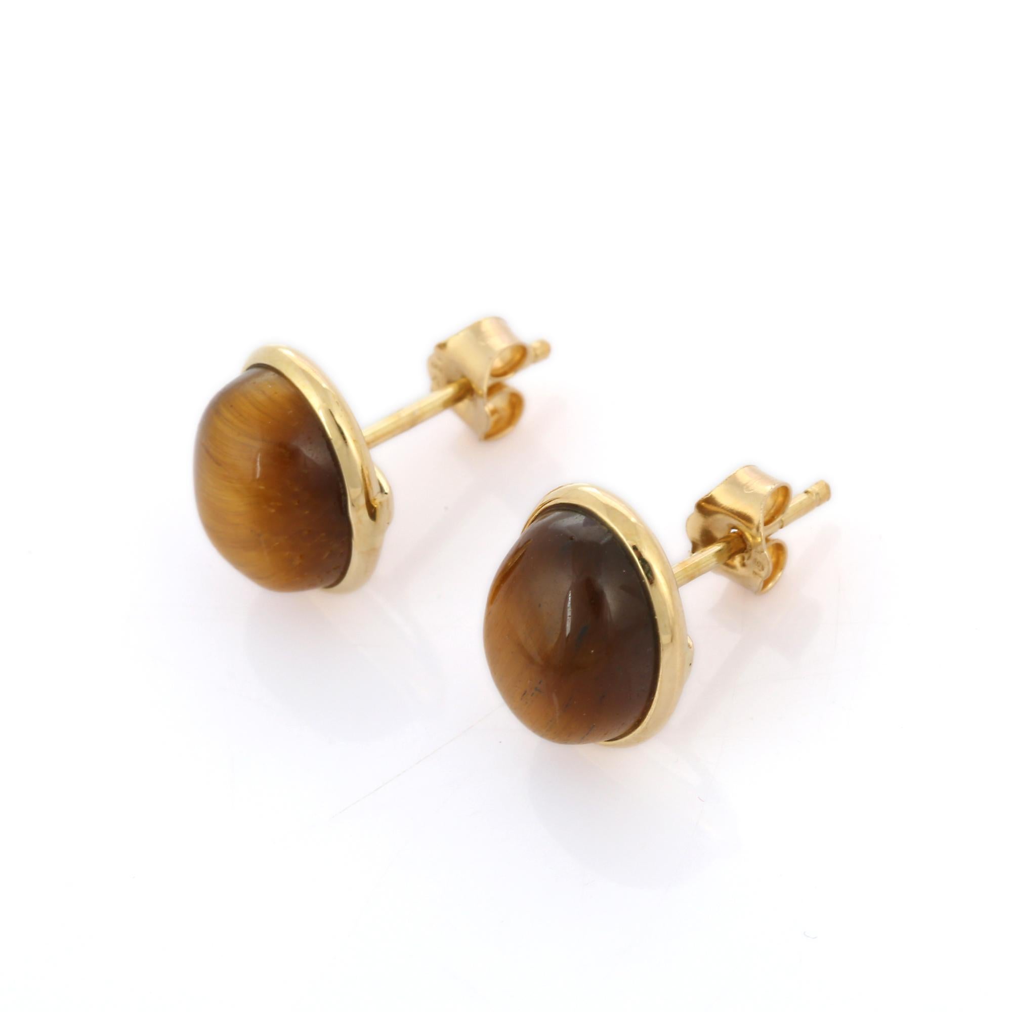 Modern Genuine Tiger's Eye Oval Cut Stud Earrings Made in 18K Yellow Gold For Sale