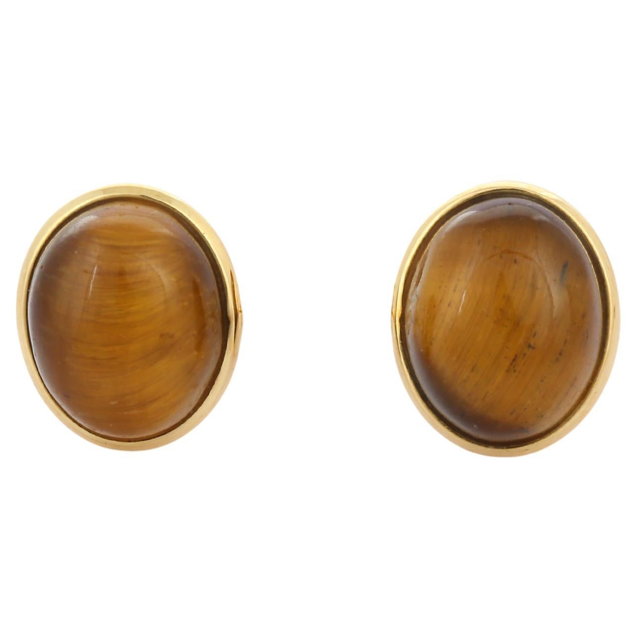 Genuine Tiger's Eye Oval Cut Stud Earrings Made in 18K Yellow Gold For Sale