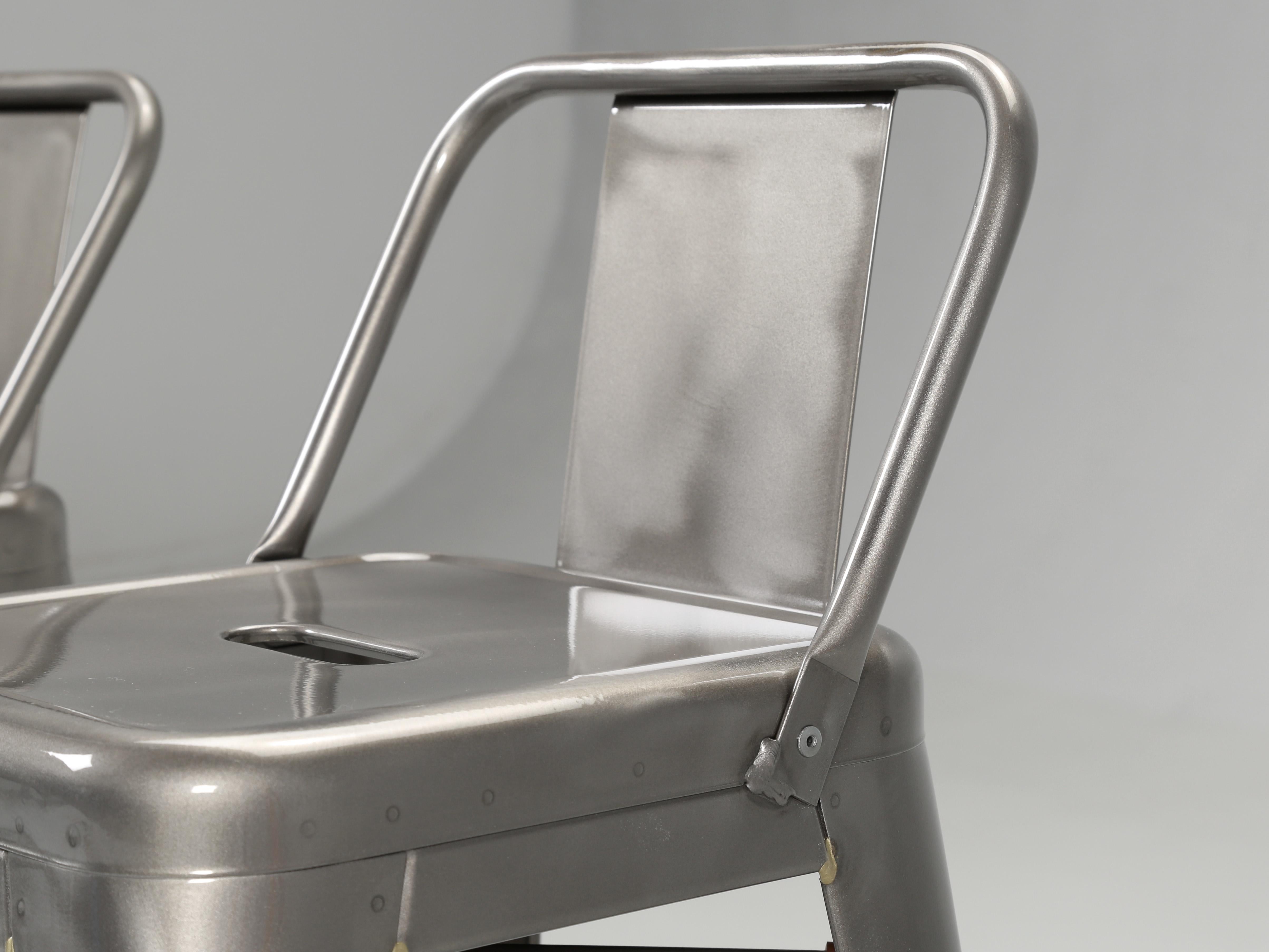 Genuine Tolix French Counter Stools in Clear-Coated Steel Several Sets Available In Good Condition In Chicago, IL