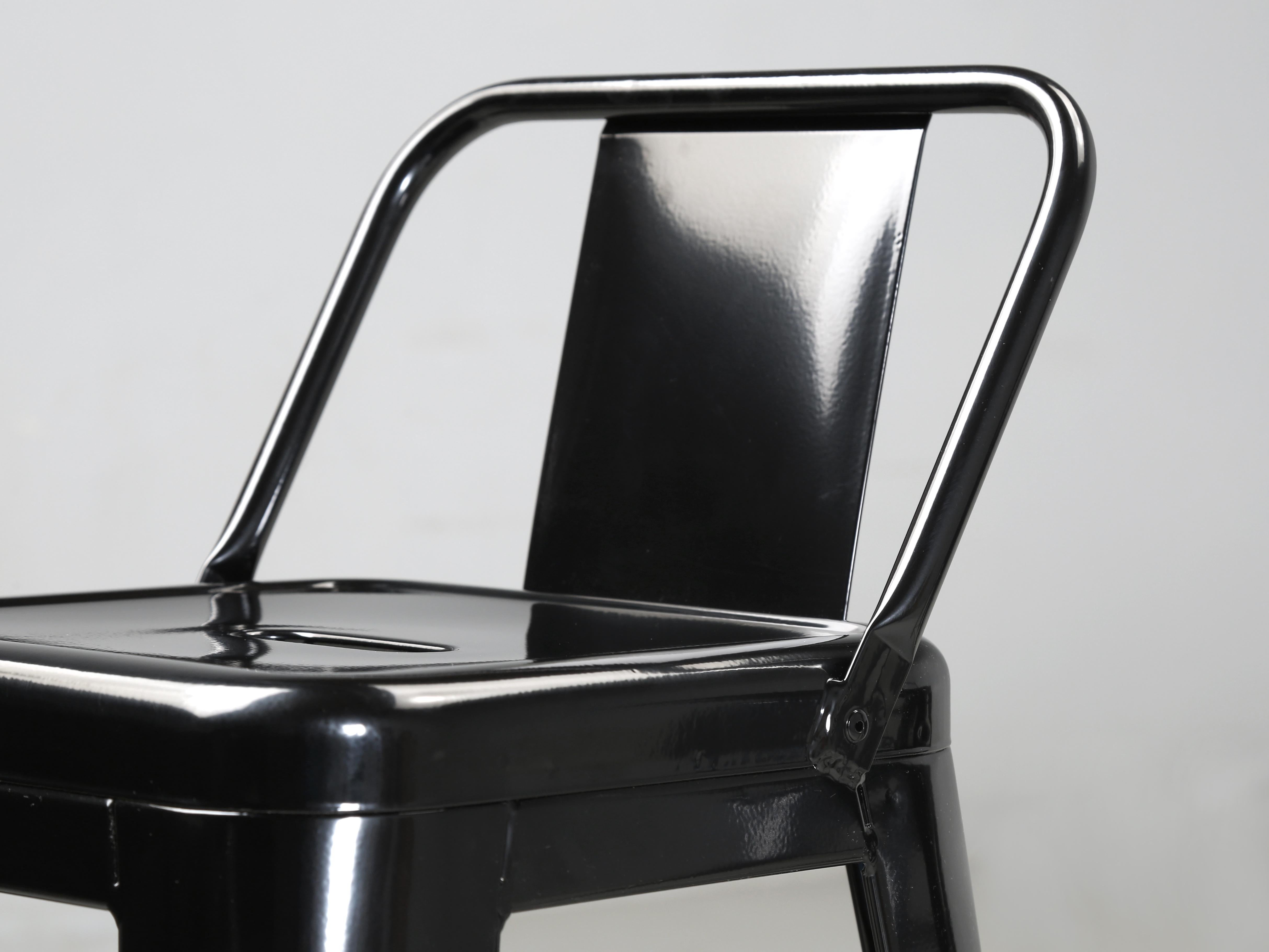 Genuine French Tolix Glossy Black Steel Counter Stools Set of (4) More Available In Good Condition In Chicago, IL