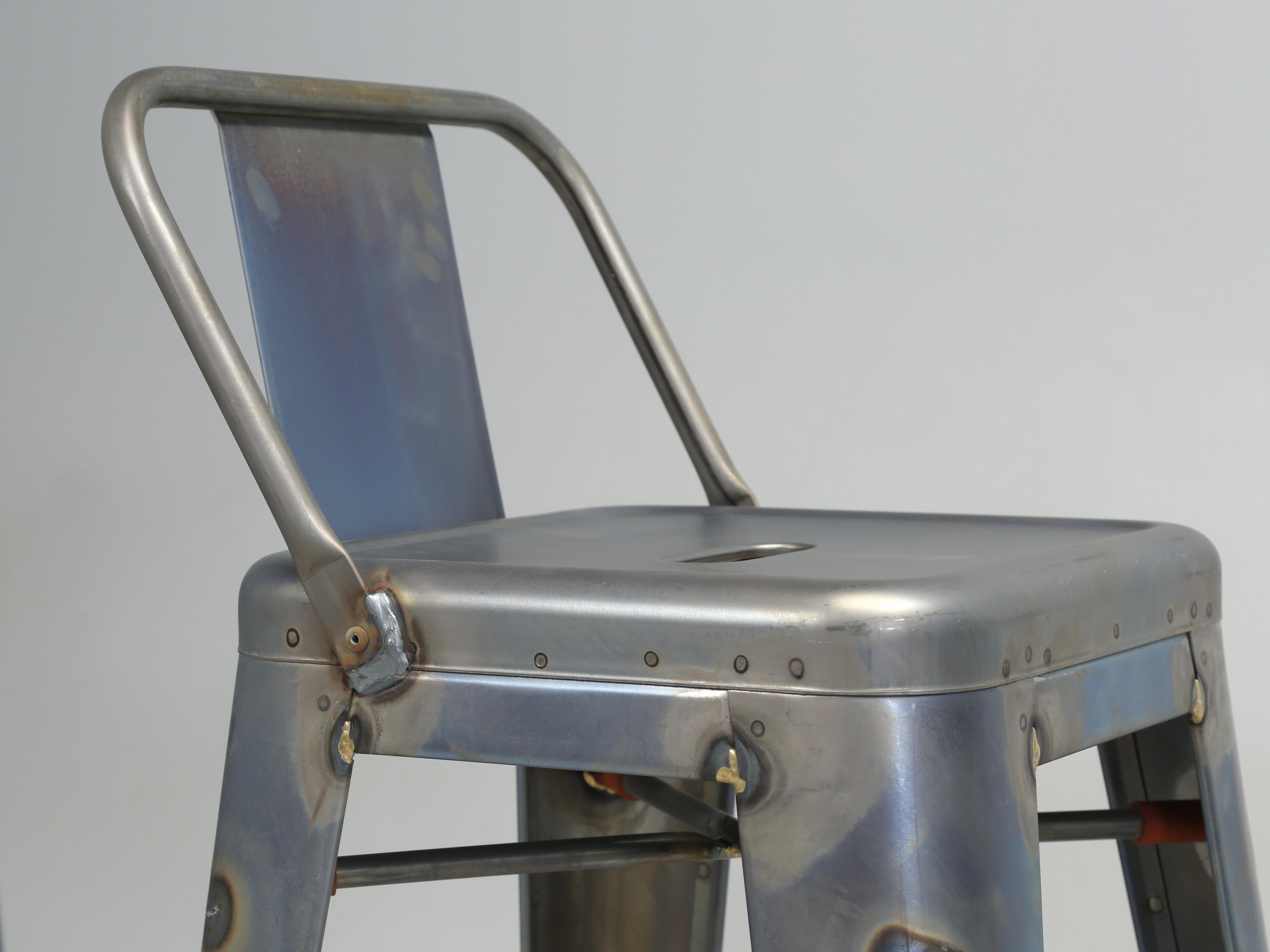 French Genuine Tolix Steel Bar Height Stools in a Blue Wash (46) Currently Available