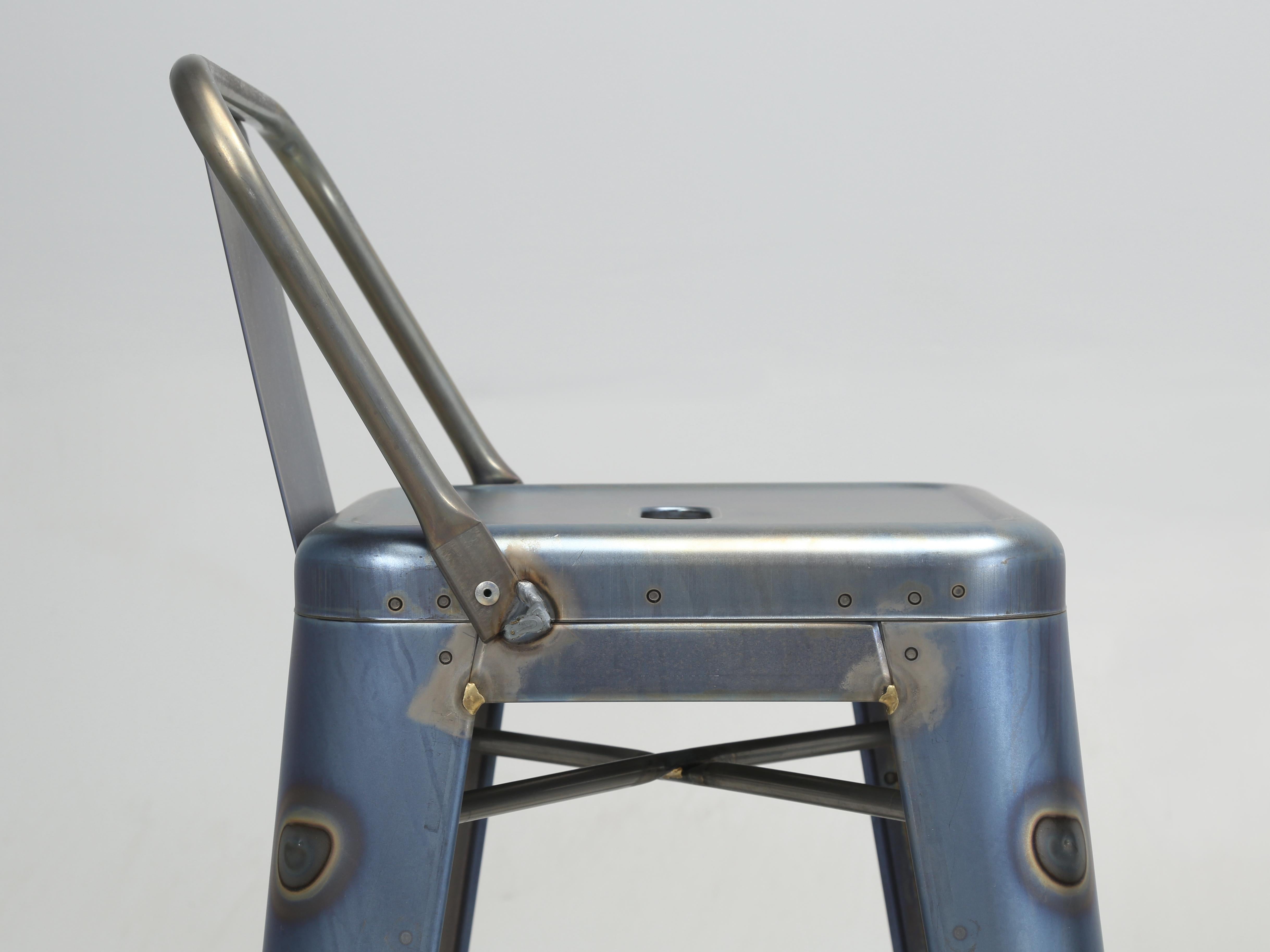 Hand-Crafted Genuine Tolix Steel Bar Height Stools in a Blue Wash (46) Currently Available