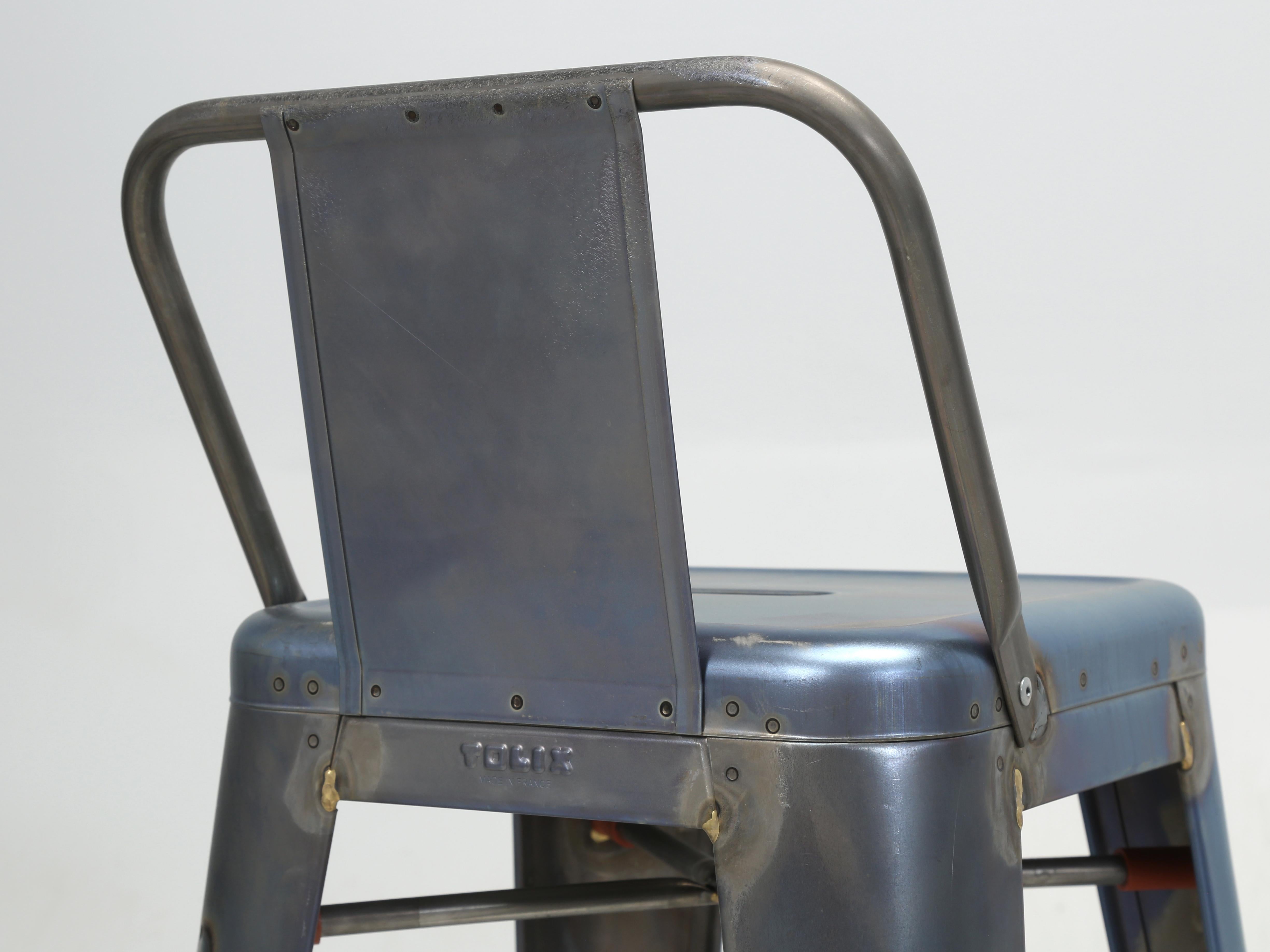 Genuine Tolix Steel Bar Height Stools in a Blue Wash (46) Currently Available In Good Condition In Chicago, IL