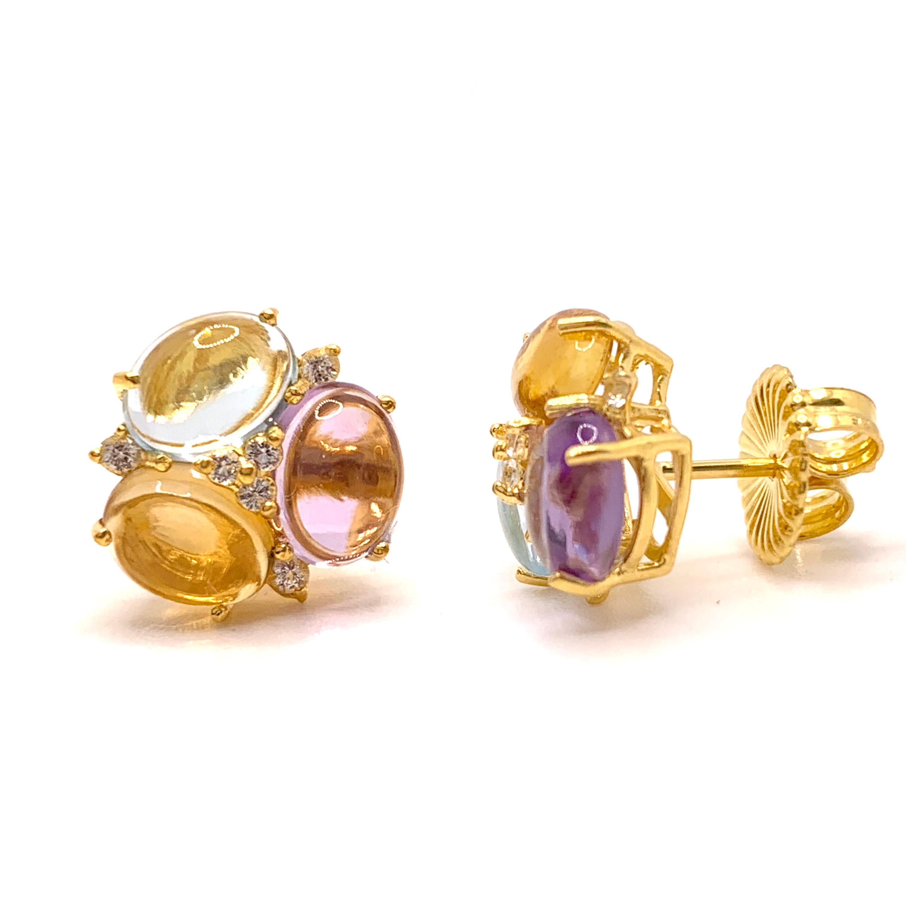 Genuine Triple Oval Cabochon Amethyst, Citrine, Blue Topaz Stud Earrings In New Condition In Los Angeles, CA
