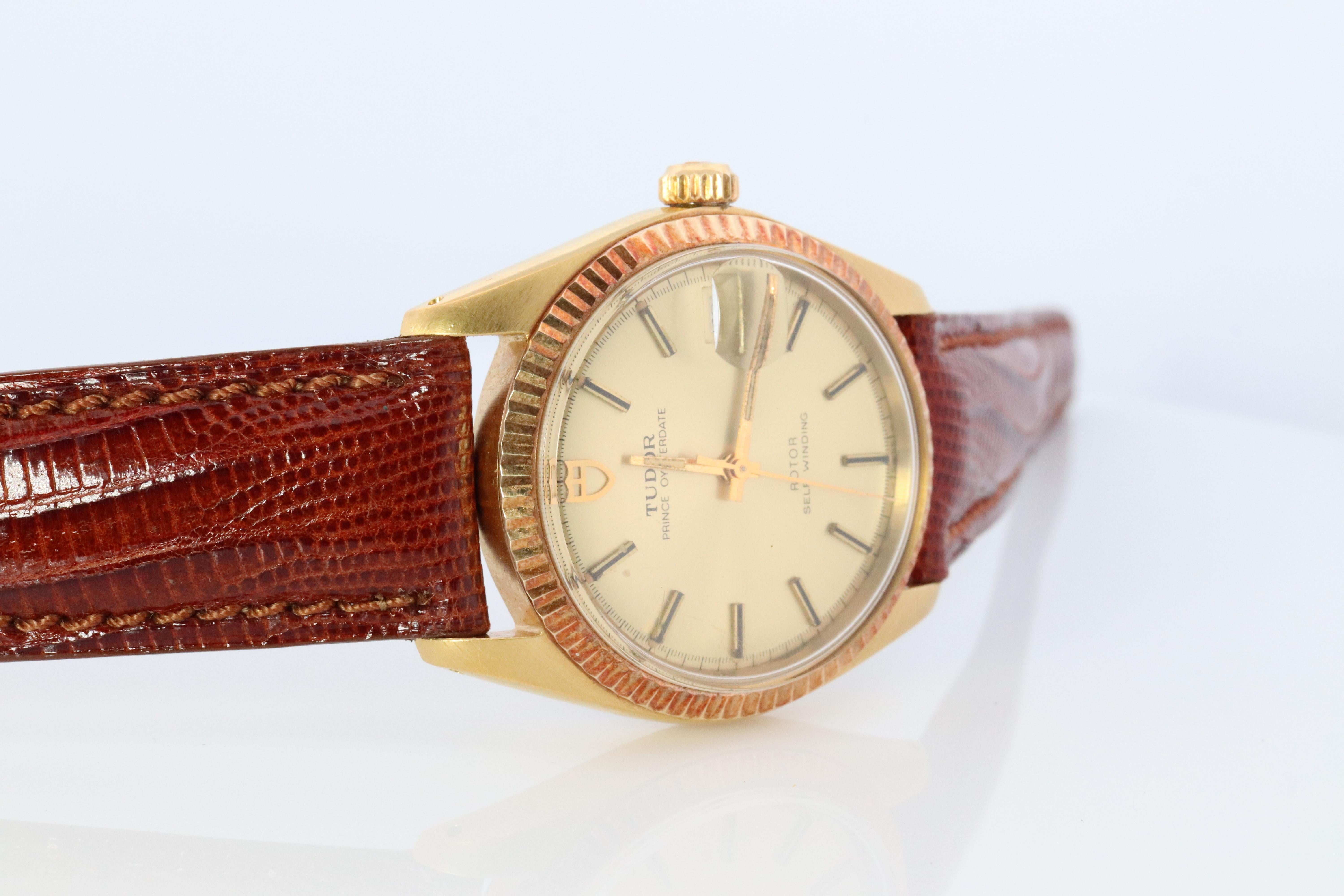 Gold Capped Tudor Prince Oyster Date 9071

Automatic Movement. Runs well.

Just Serviced, Cleaned and Oiled.

Circa 1979

Beautiful Watch.

Case is Stainless Steel.
14k Yellow Gold Bezel.
New Genuine Leather band.

34mm round case 

Condition: Watch