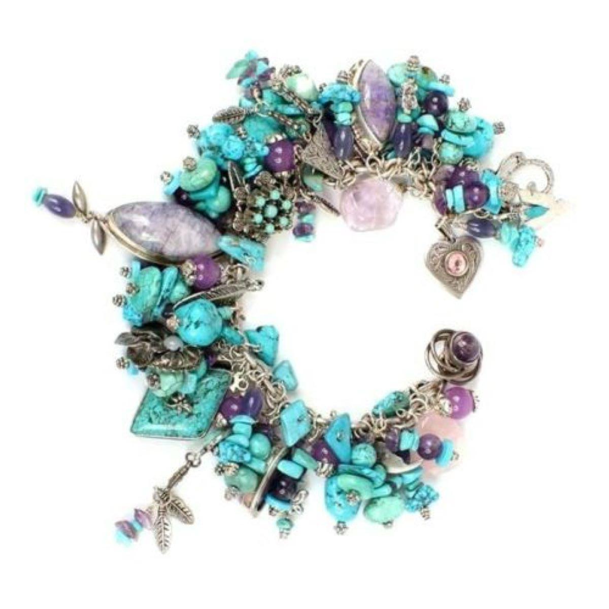 Modernist Genuine Turquoise and Amethyst Sterling Silver Vintage Multi Charm Bracelet