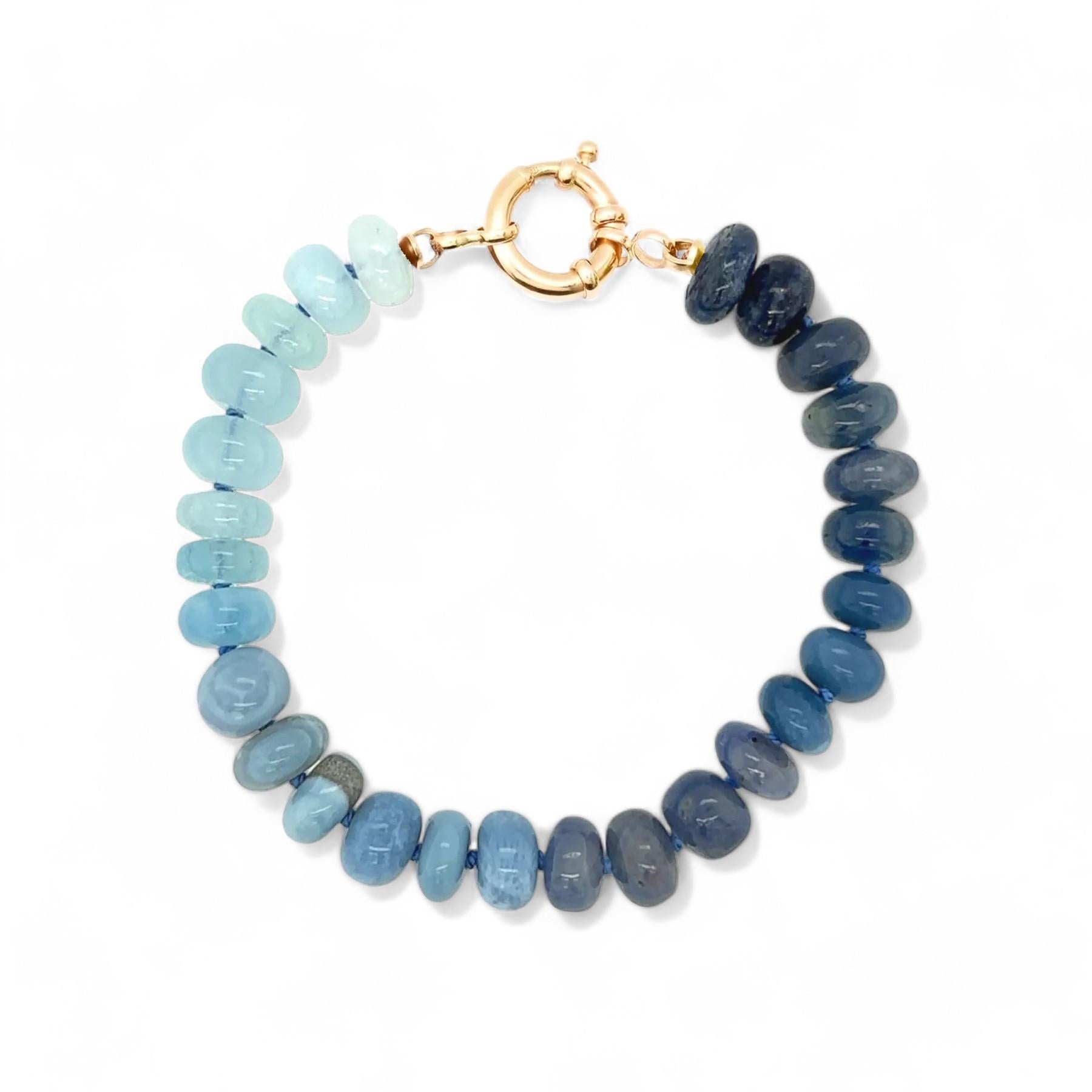 Women's or Men's Genuine Turquoise and Lapis Bracelet in 14K Yellow Gold For Sale