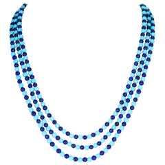 Genuine Turquoise and Lapis Lazuli Beads Necklace, 14 Karat Yellow Gold