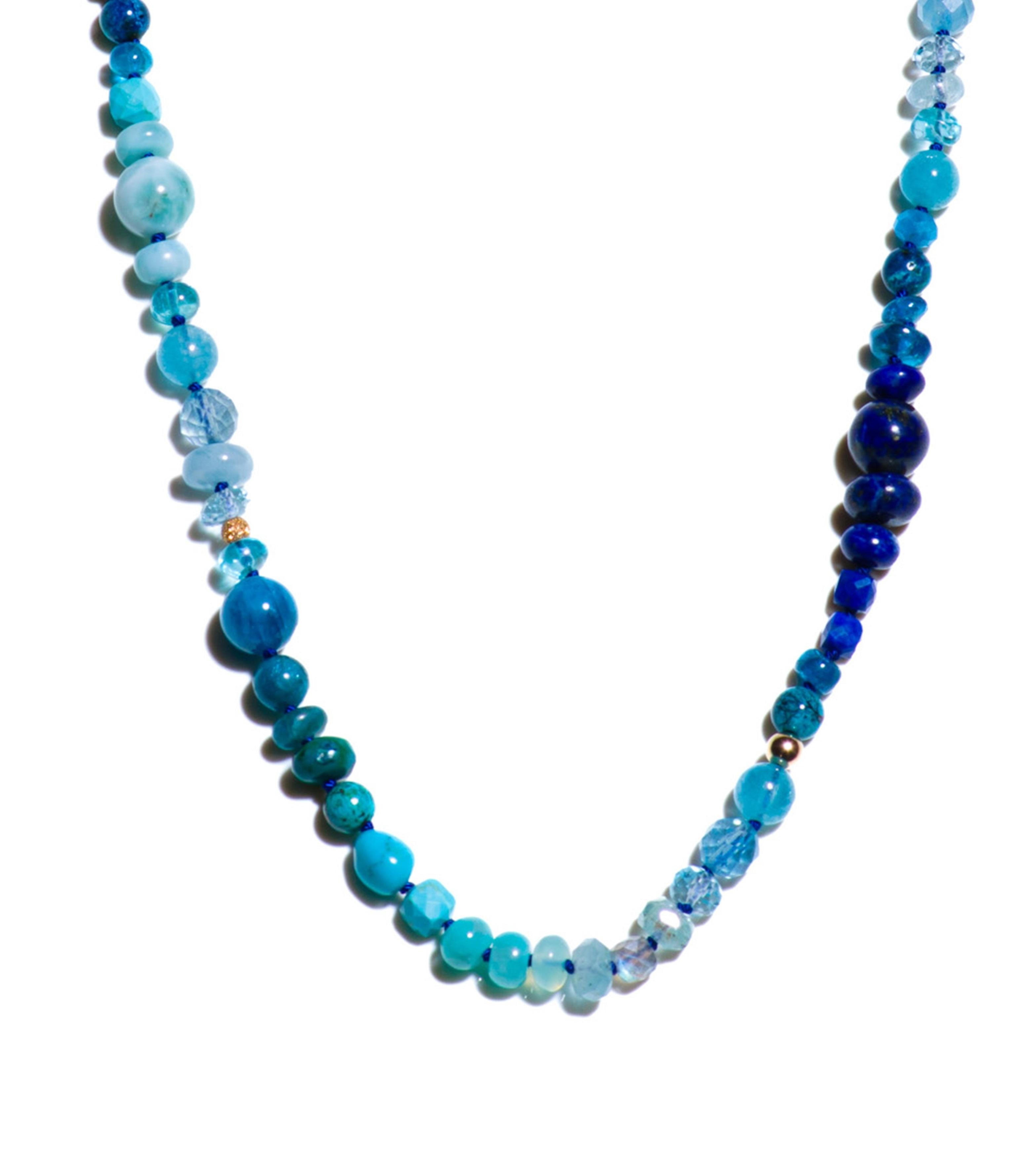 Mixed Cut Genuine Arizona Turquoise and Sapphire Bead Yellow Gold Necklace For Sale
