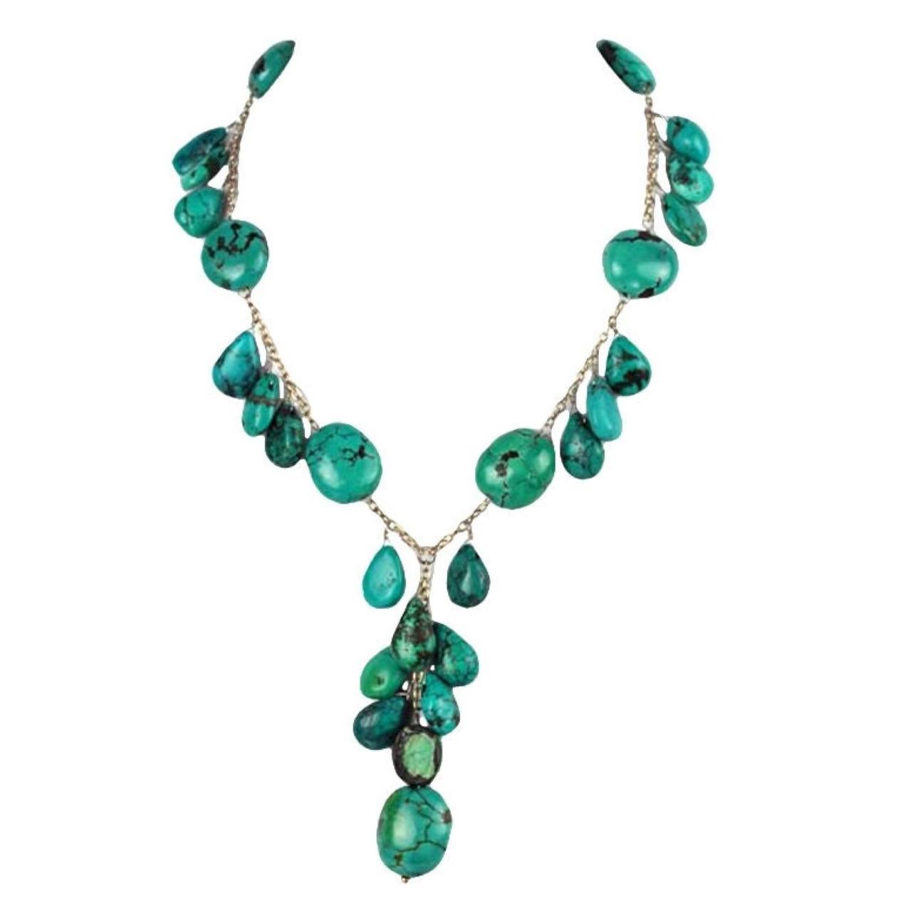 Mixed Cut Genuine Turquoise and Sterling Silver Y Designer Statement Drop Necklace For Sale