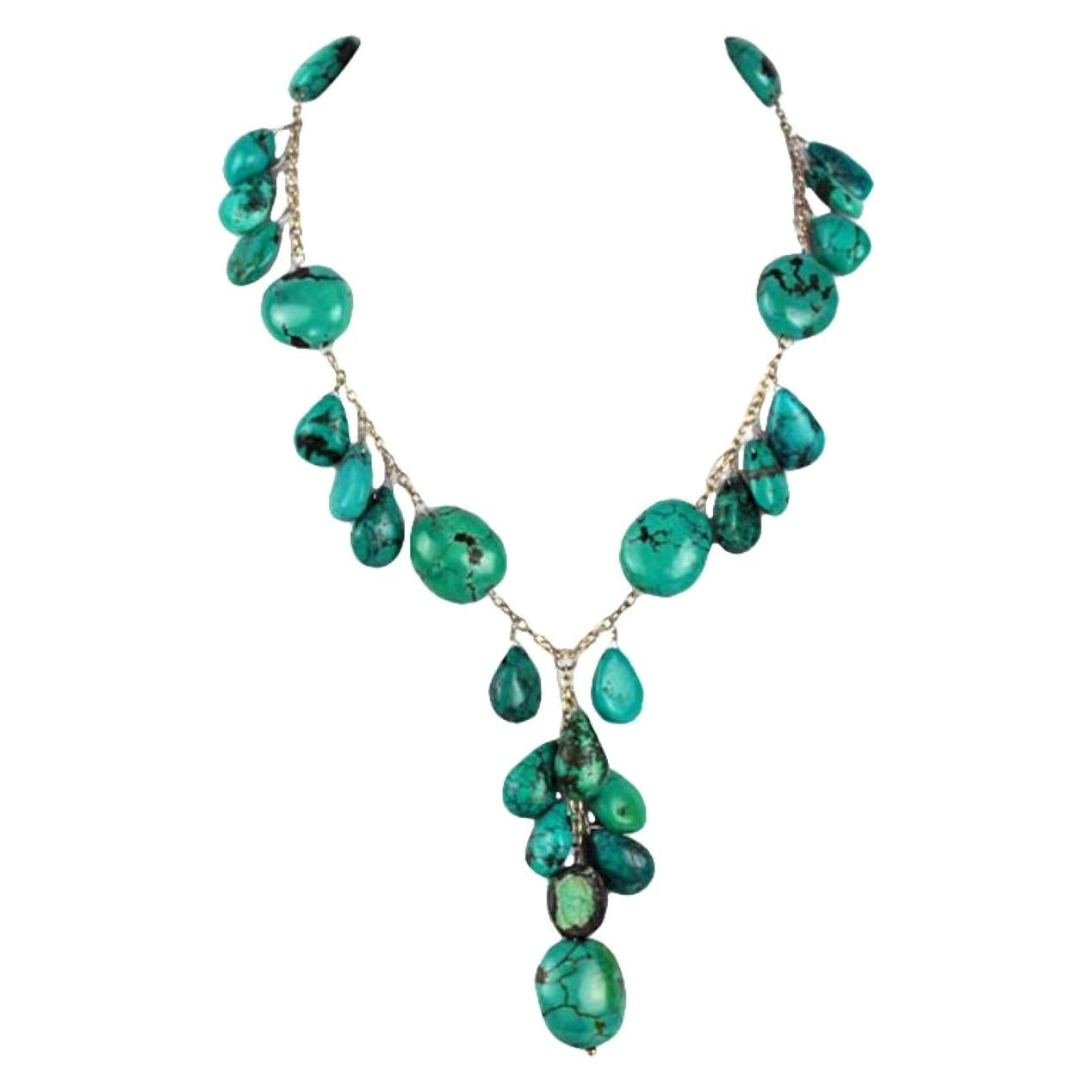 Genuine Turquoise and Sterling Silver Y Designer Statement Drop Necklace For Sale