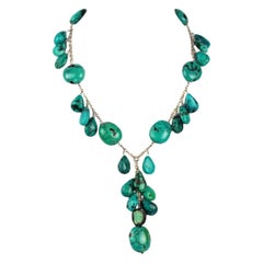 Retro Genuine Turquoise and Sterling Silver Y Designer Statement Drop Necklace