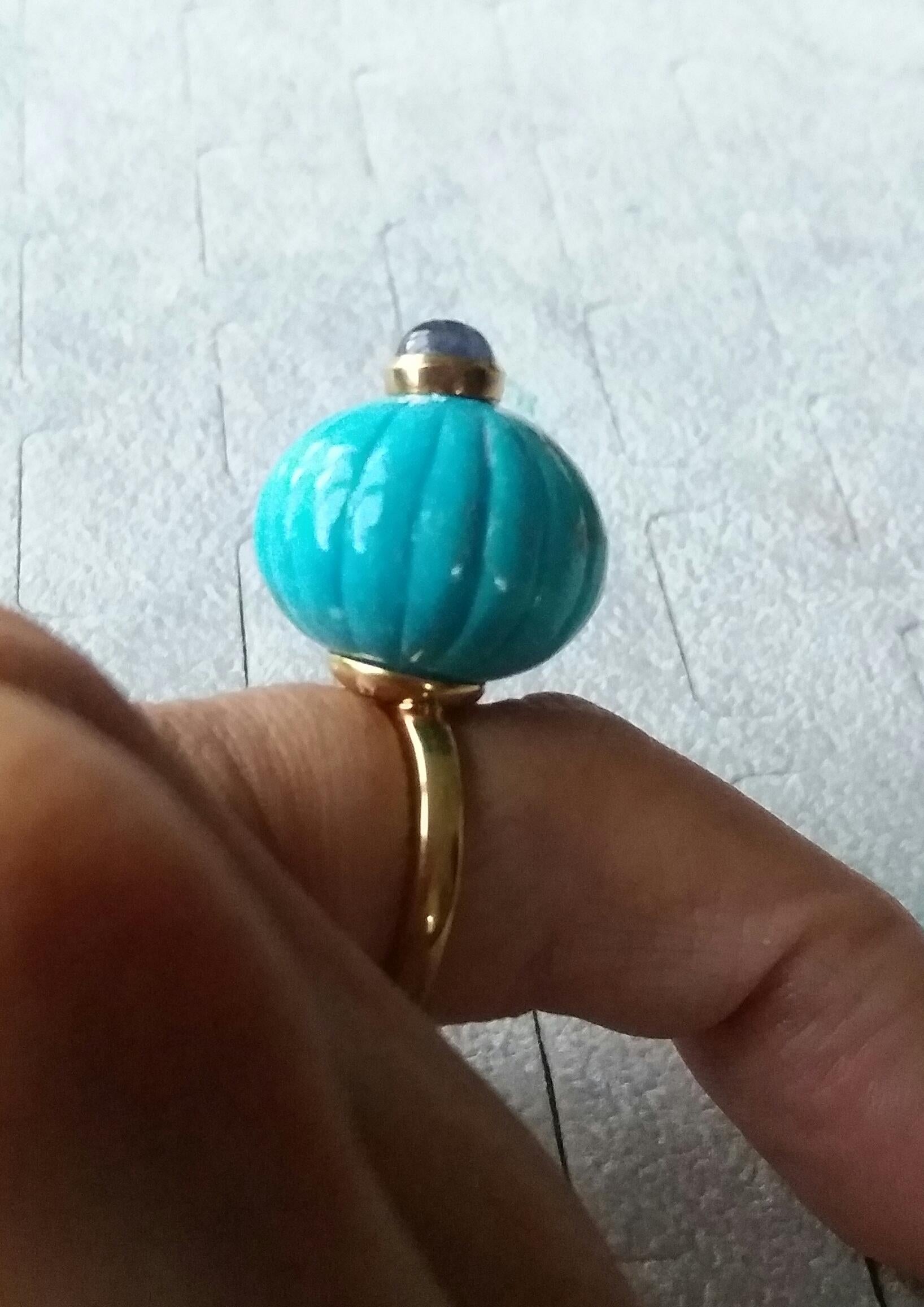 Art Deco Genuine Turquoise Carved Ball Blue Sapphire Cab 14k Yellow Gold Cocktail Ring For Sale