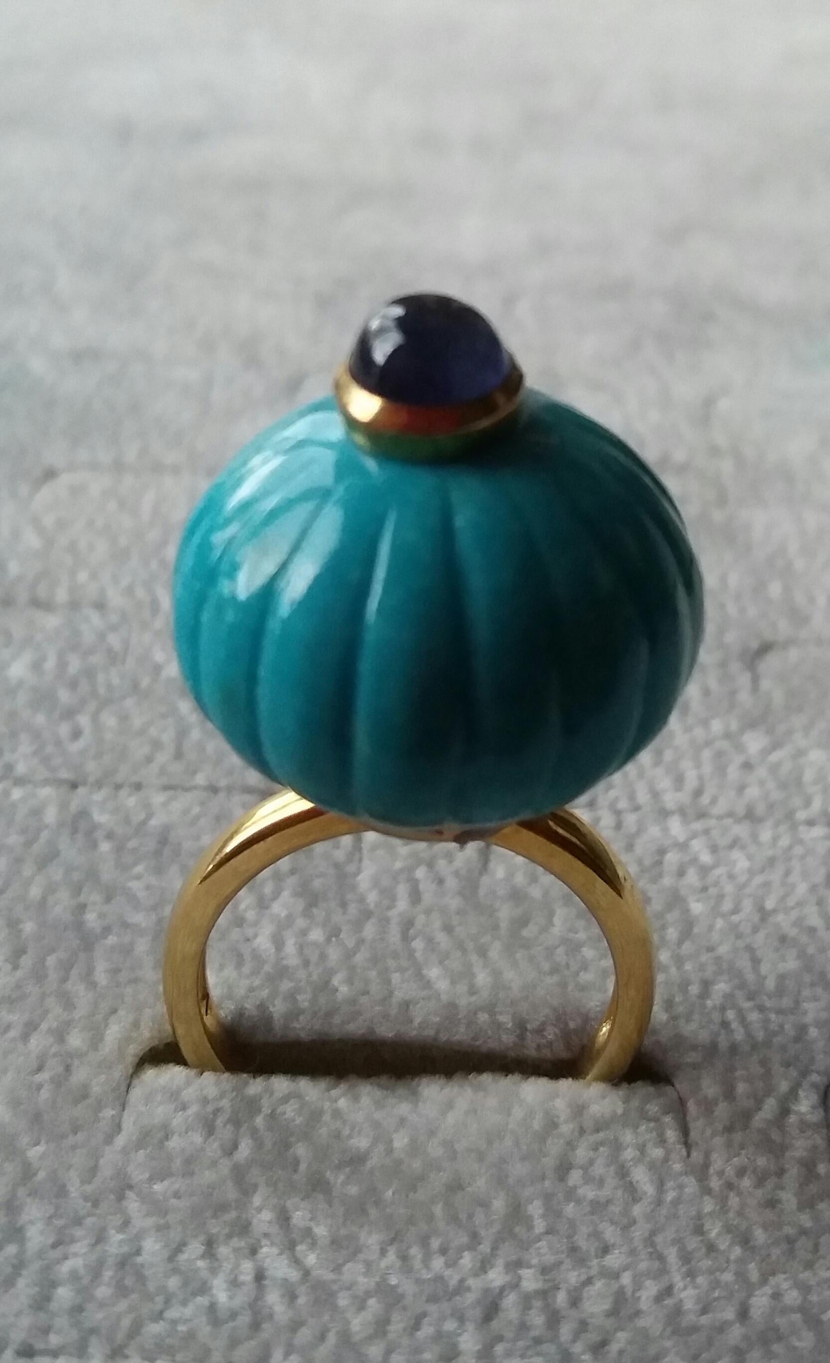 Women's Genuine Turquoise Carved Ball Blue Sapphire Cab 14k Yellow Gold Cocktail Ring For Sale