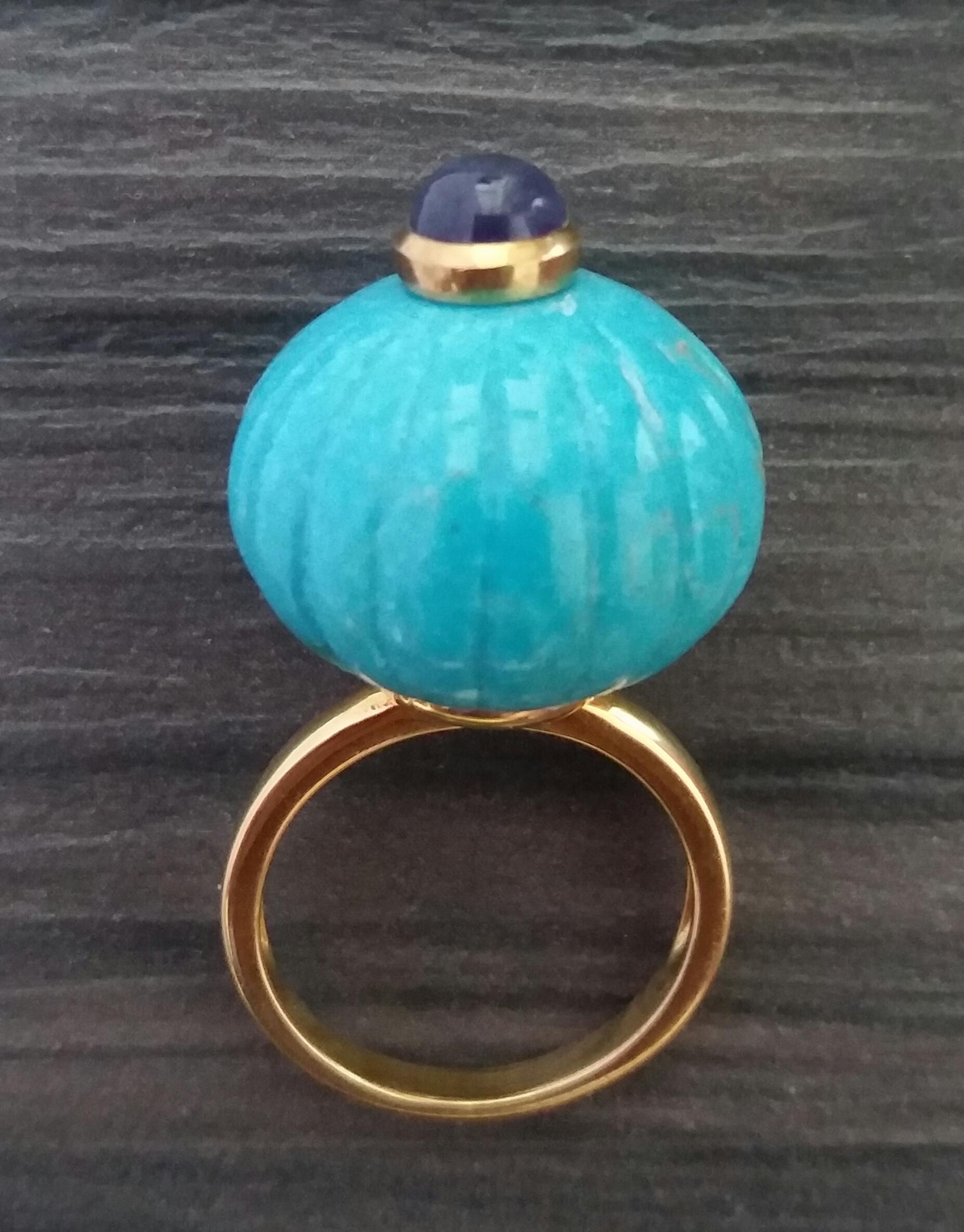 Genuine Turquoise Carved Ball Blue Sapphire Cab 14k Yellow Gold Cocktail Ring For Sale 2