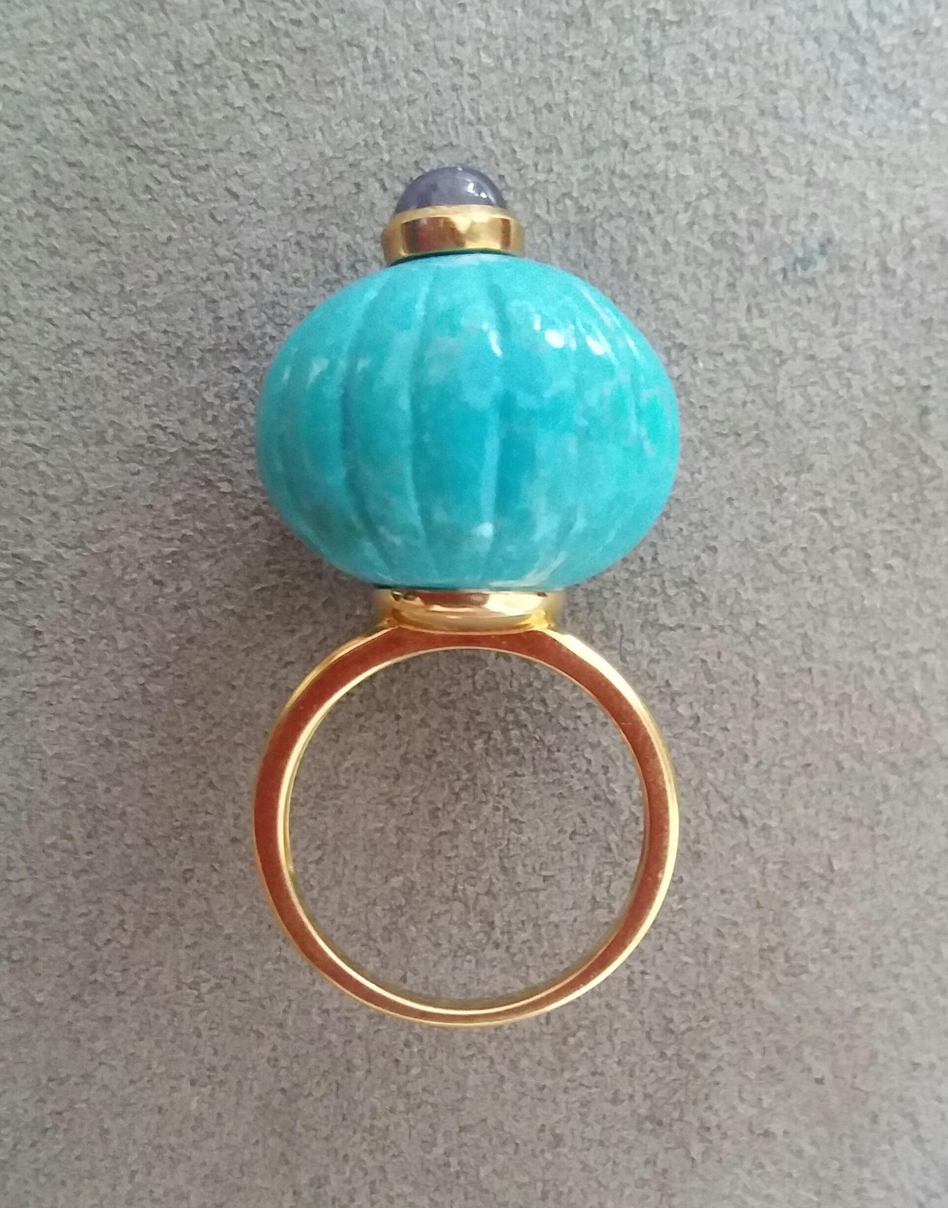Genuine Turquoise Carved Ball Blue Sapphire Cab 14k Yellow Gold Cocktail Ring For Sale 3