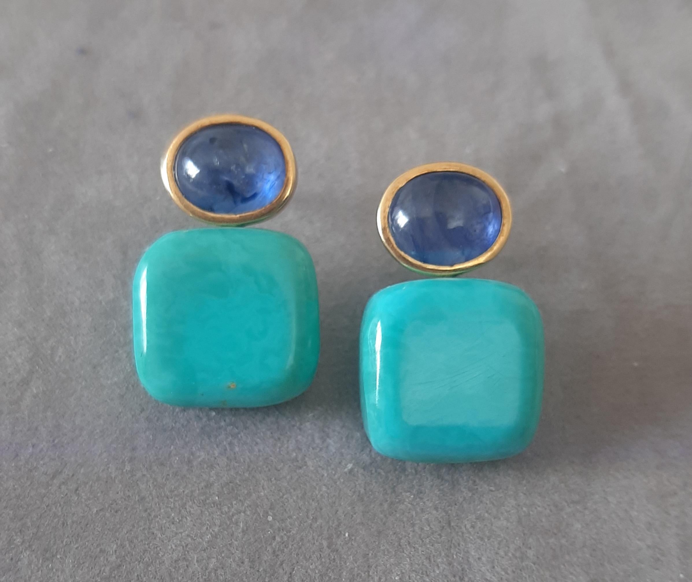 Orecchini pendenti in oro massiccio 14k con zaffiro blu a forma di cuscino di turchese autentico in vendita 4