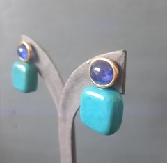 Orecchini pendenti in oro massiccio 14k con zaffiro blu a forma di cuscino di turchese autentico