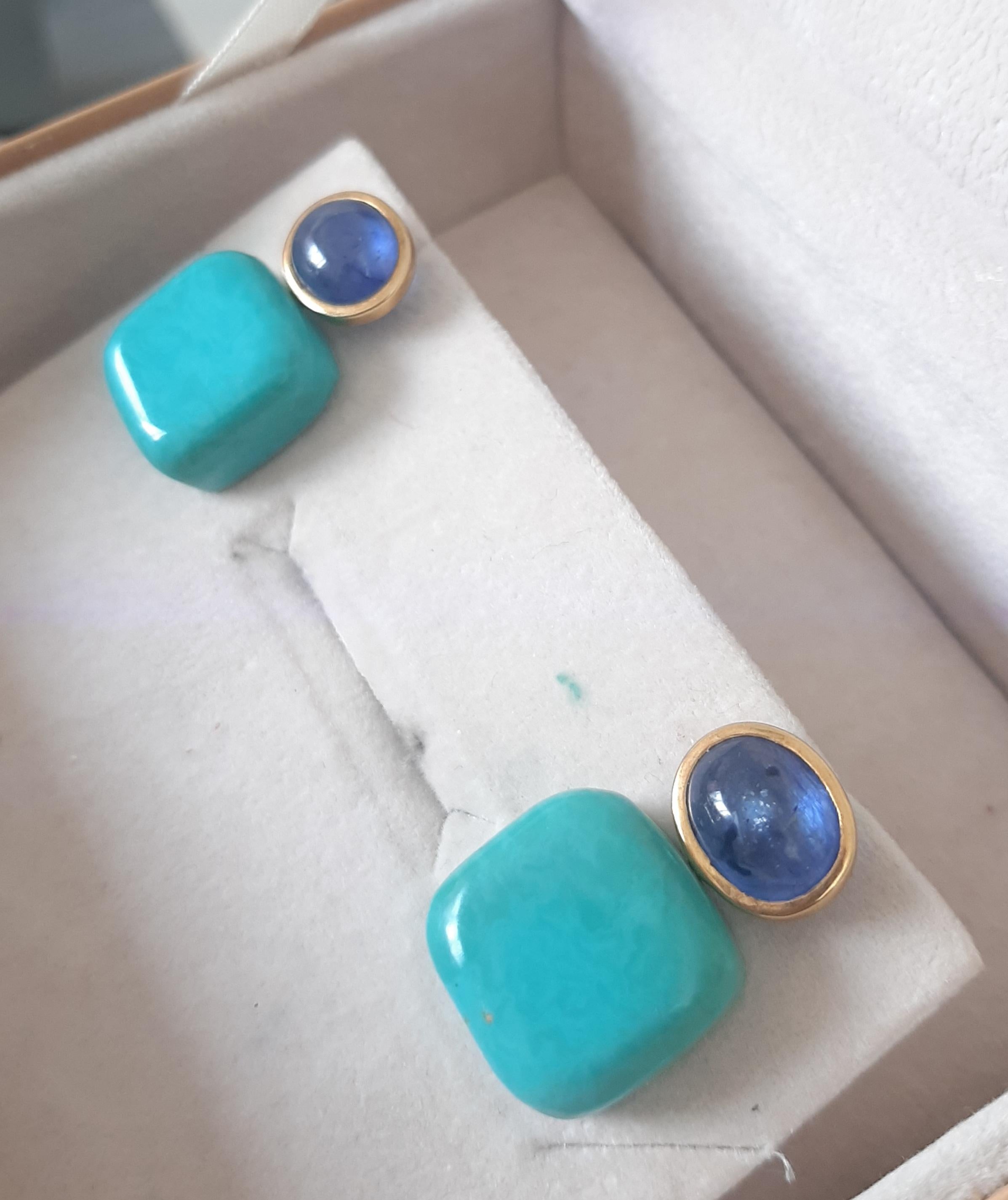 Taglio misto Orecchini pendenti in oro massiccio 14k con zaffiro blu a forma di cuscino di turchese autentico in vendita