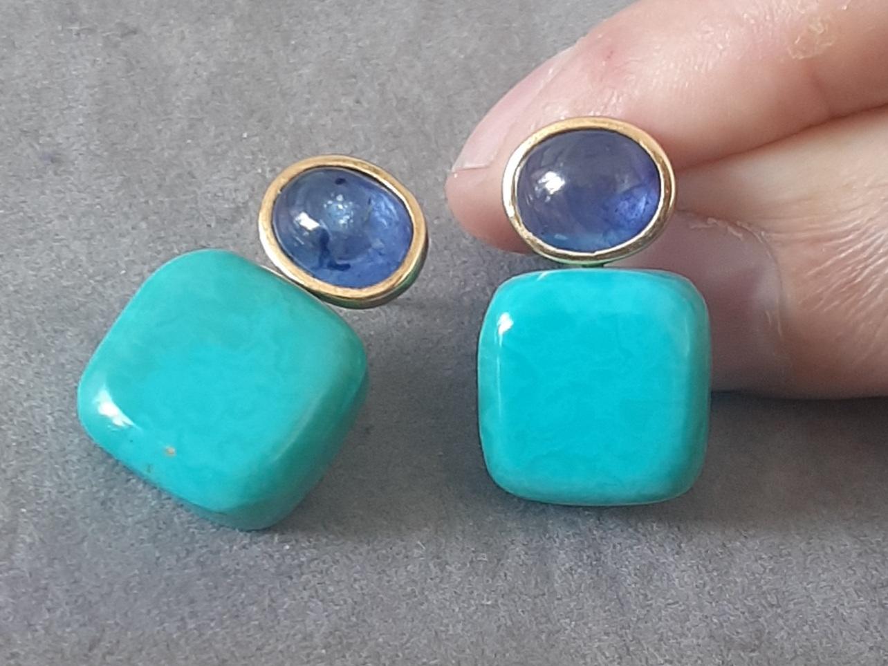 Donna Orecchini pendenti in oro massiccio 14k con zaffiro blu a forma di cuscino di turchese autentico in vendita