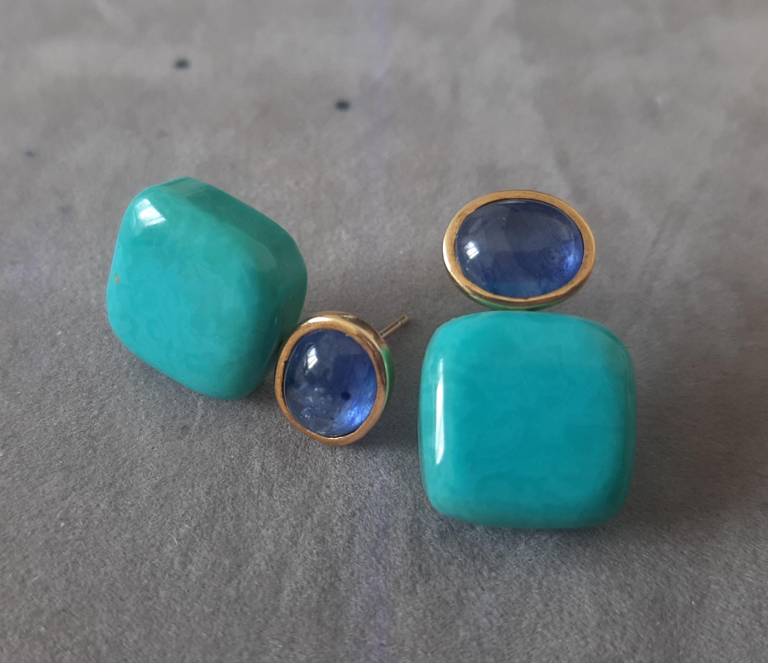 Orecchini pendenti in oro massiccio 14k con zaffiro blu a forma di cuscino di turchese autentico in vendita 1