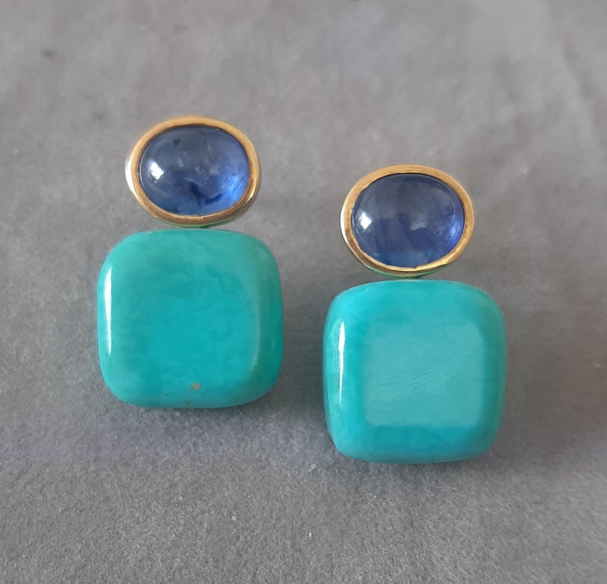 Orecchini pendenti in oro massiccio 14k con zaffiro blu a forma di cuscino di turchese autentico in vendita 3
