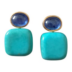Orecchini pendenti in oro massiccio 14k con zaffiro blu a forma di cuscino di turchese autentico