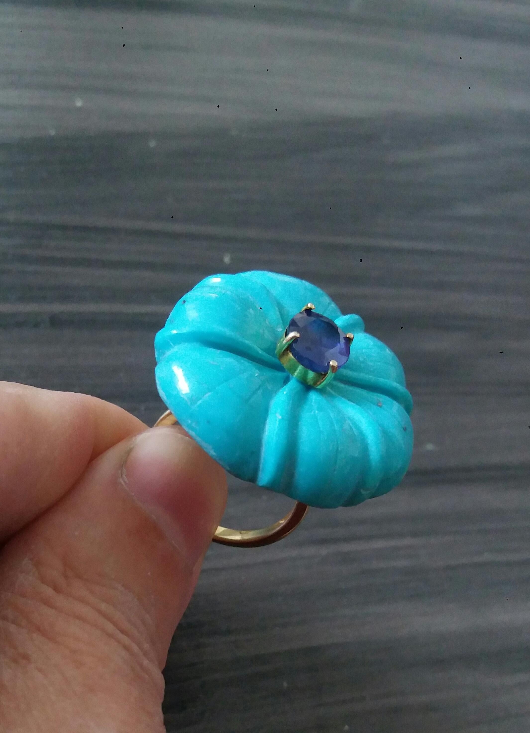 For Sale:  Genuine Turquoise Flower Oval Faceted Blue Sapphire Solid 14K Gold Fashion Ring 10
